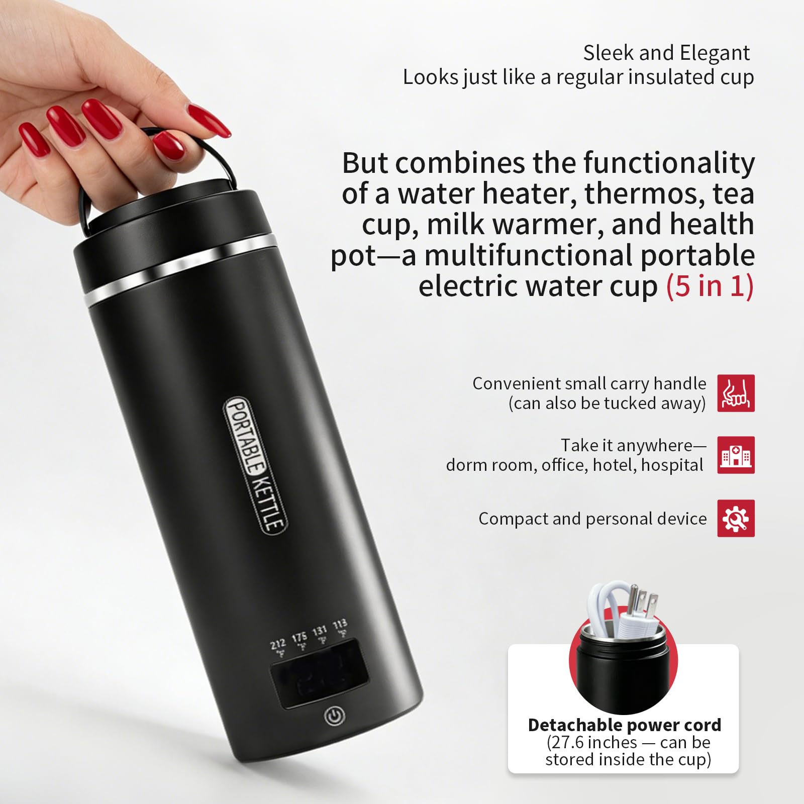 Travel Kettle, Portable Electric Kettle for 4 Temperature Controls, Black
