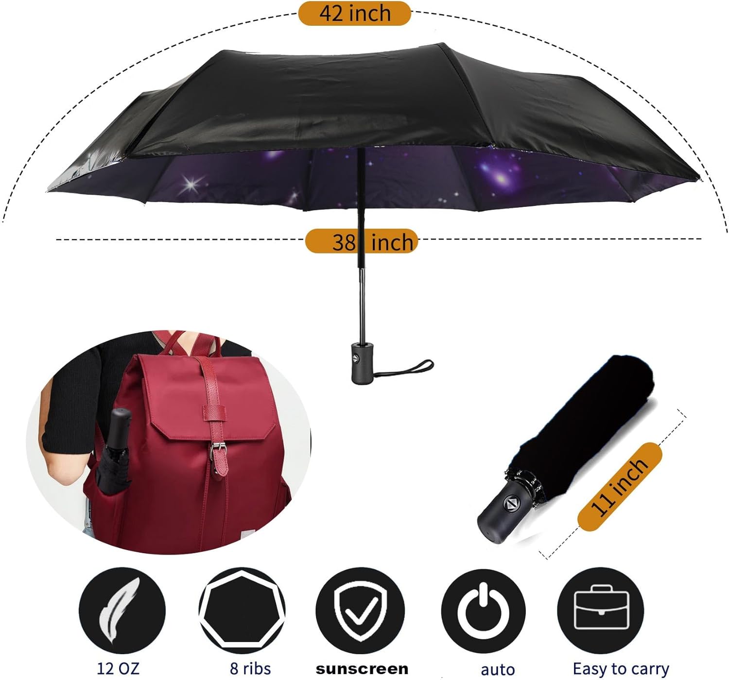 MRTLLOA 42/49 Inch Compact Windproof Travel Umbrella for Rain, Lightweight, Portable, Automatic