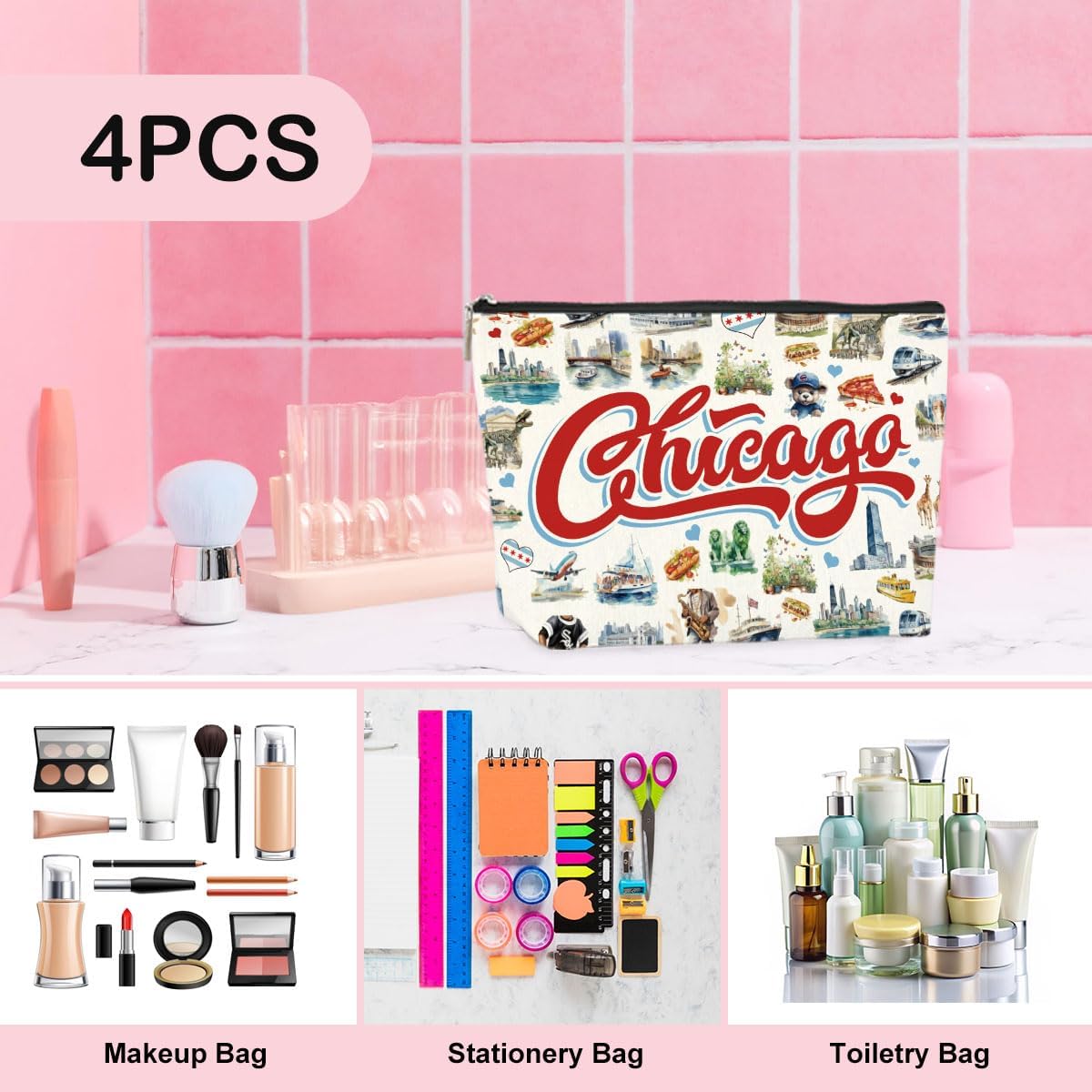 4PCS Chicago Souvenirs Chicago Gifts Makeup Bag Cosmetic Bag for Women Friend Lady Sister Bestie Chicago Travel Lover Weekend Bag Vacation Christmas Birthday Friendship