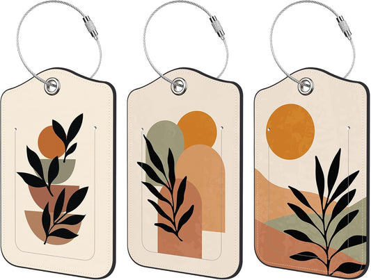 Luggage Tags for Suitcase 3 PCS Abstract Minimalist Botanical Leather Travel Luggage Tag with Stainless Steel Loop Name ID Label Privacy Cover for Women Men Travel