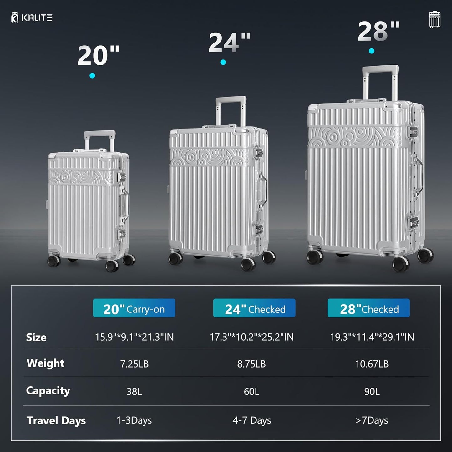 Krute Carry On Luggage 20 inch Aluminum Frame Luggage PC+ABS Zipperless Suitcase with Wheels Airline Approved Hard Shell Suitcases with TSA Lock