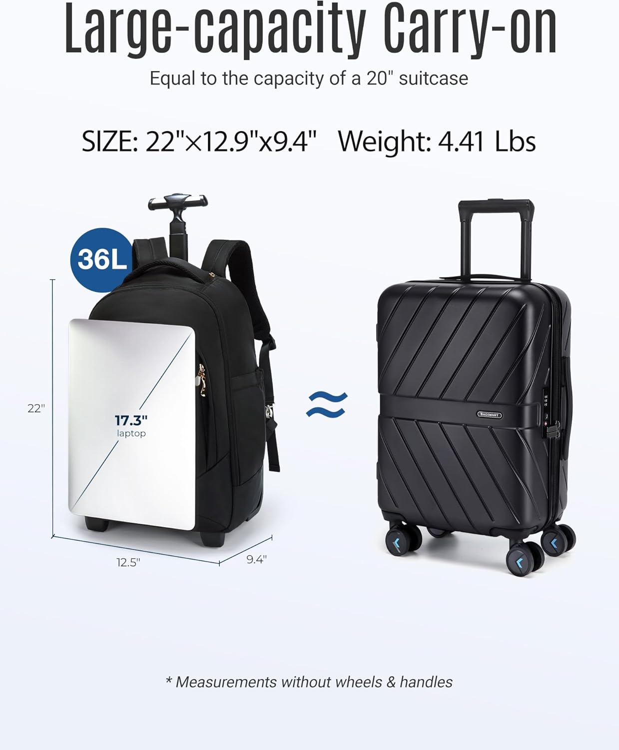 LIGHT FLIGHT 37L Rolling Travel Backpack, Water-Resistant Travel Laptop Backpacks with Wheels for Adults, 17 Inch Large Roller College Backpack Luggage Carry on, Champagne