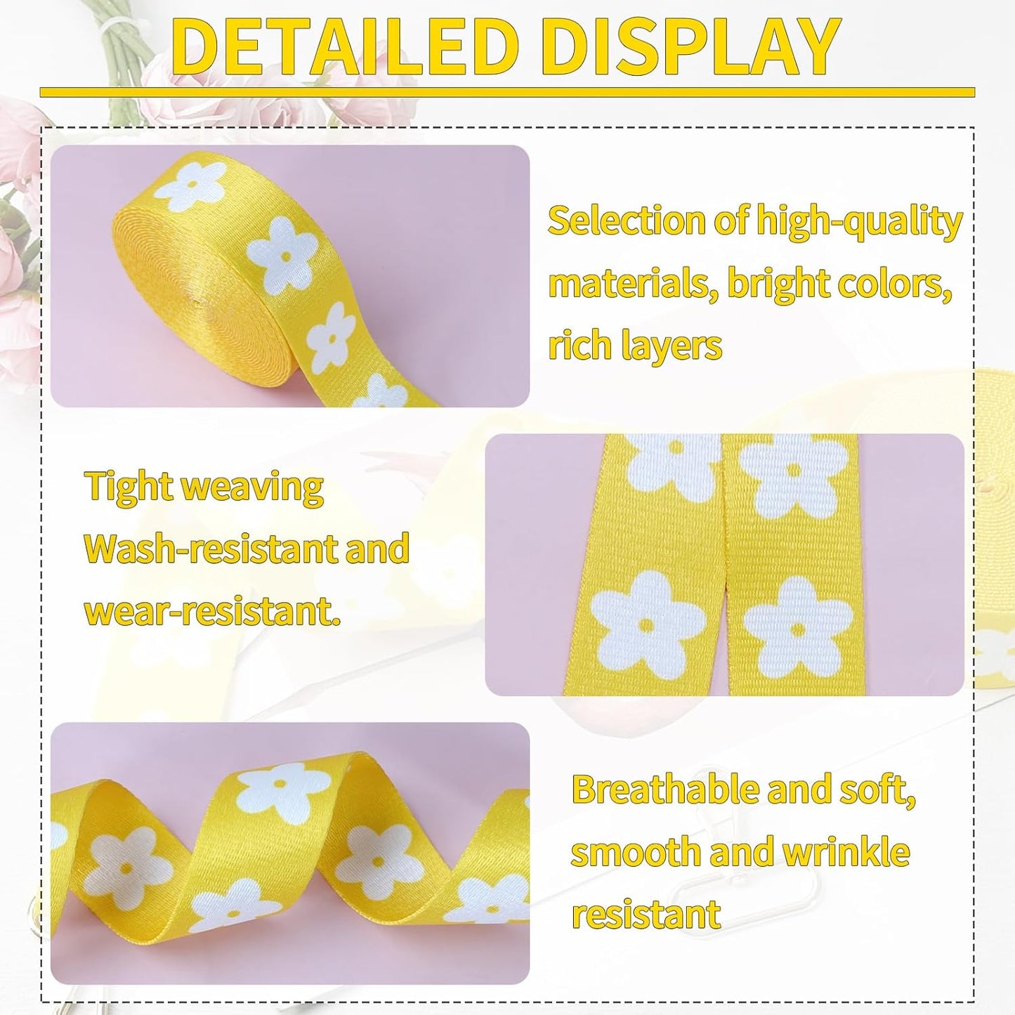 1.5 inch Nylon Webbing Straps for Bags with Buckle 1 1/2 inch 6 Yards Yellow Flower Heavy Duty Patterned Fabric Webbing Luggage Handle for Backpack-Decorative Supplies-Clothing-Sewing-DIY Crafts