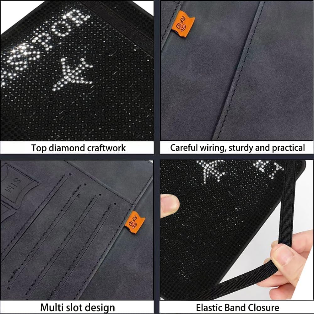 Genuine Leather Wallet Passport Holder for Men and Women Travel Organizer with Bling Rhinestone Design Elegant and Stylish (Black)