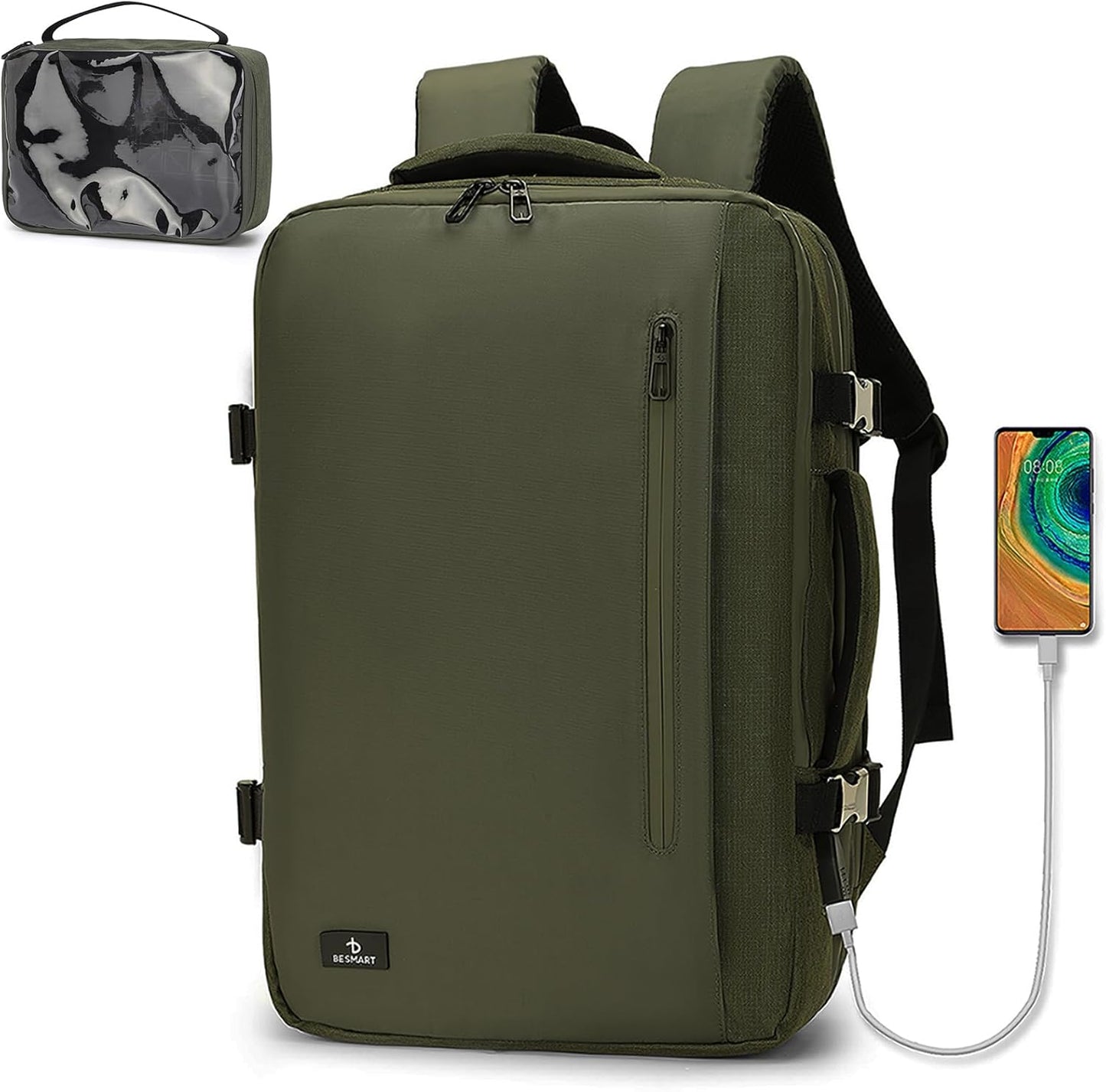 BESMART 50L Large Extendable Travel Backpack for Men Women, Flight Approved Carry on Backpacks fits 17”Laptop, TSA Waterproof Bags with USB Charger Port/Washbag Cube/Anti-Thief Bag/Luggage sleeve