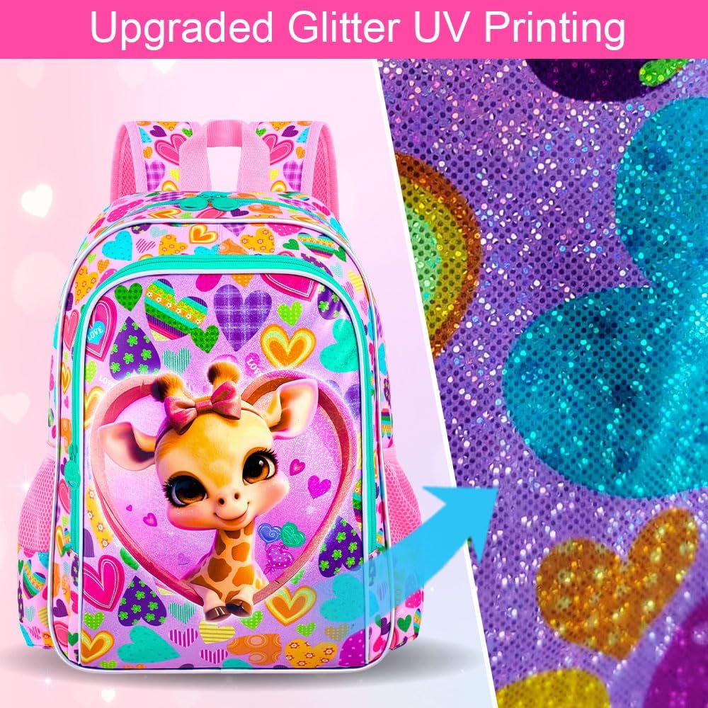 3PCS Girls Backpack, Kids Water Resistant Heart Bookbag Set with Lunch Box, Cute Kids School Bag for Preschool Toddler