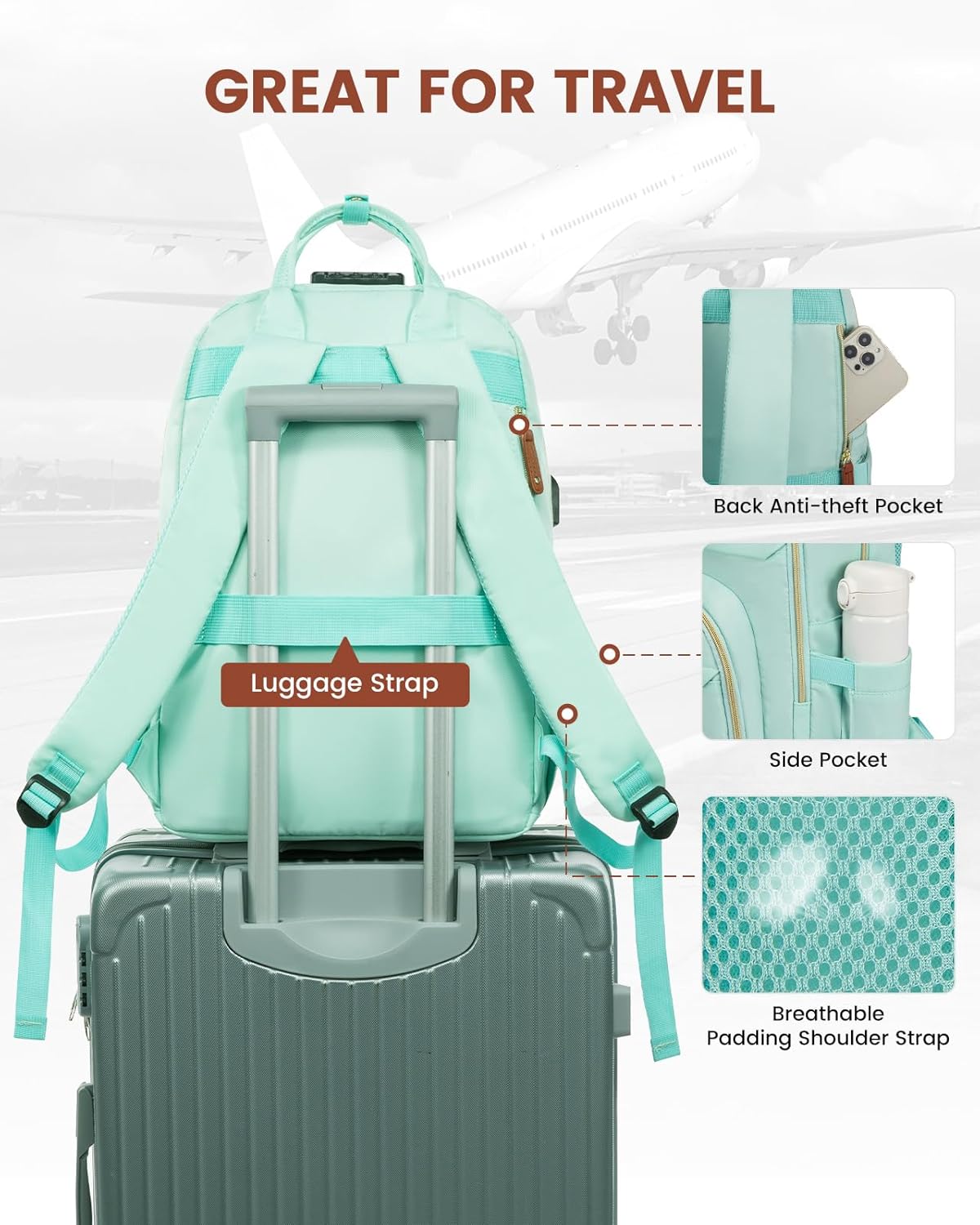 LOVEVOOK Laptop Backpack Purse for Women, Unisex Large Capacity 17 Inch Travel Anti-theft Bag, Work Business Computer Bags Backpack for Men, Casual Hiking Daypack with Lock, Mint Green