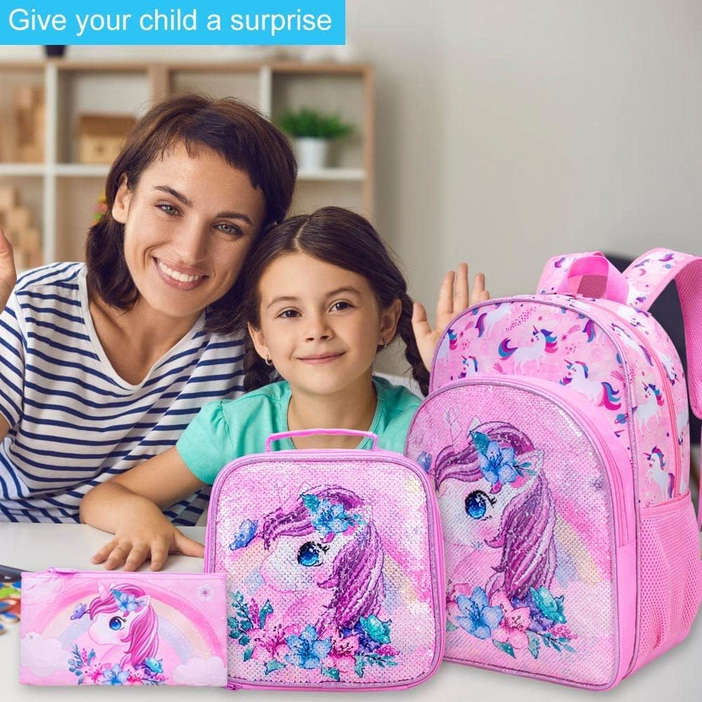 UFNDC 3PCS Backpack for Girls with Lunch Box,16”Kids Sequin Bookbag with Lunch Box, School Bag for Elementary Toddler