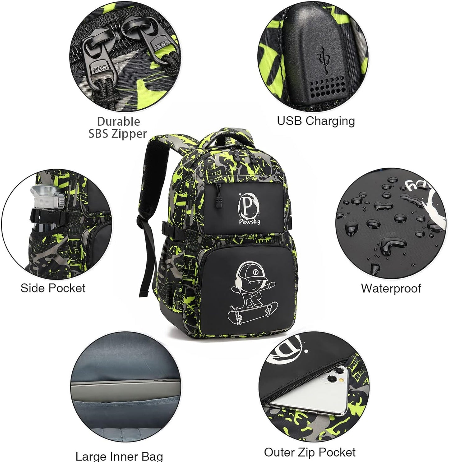 Kids Backpack for School, Boys Backpacks with USB Charging Port, College Elementary School Bookbag Lightweight Laptop Bag with Sling Bag, Green