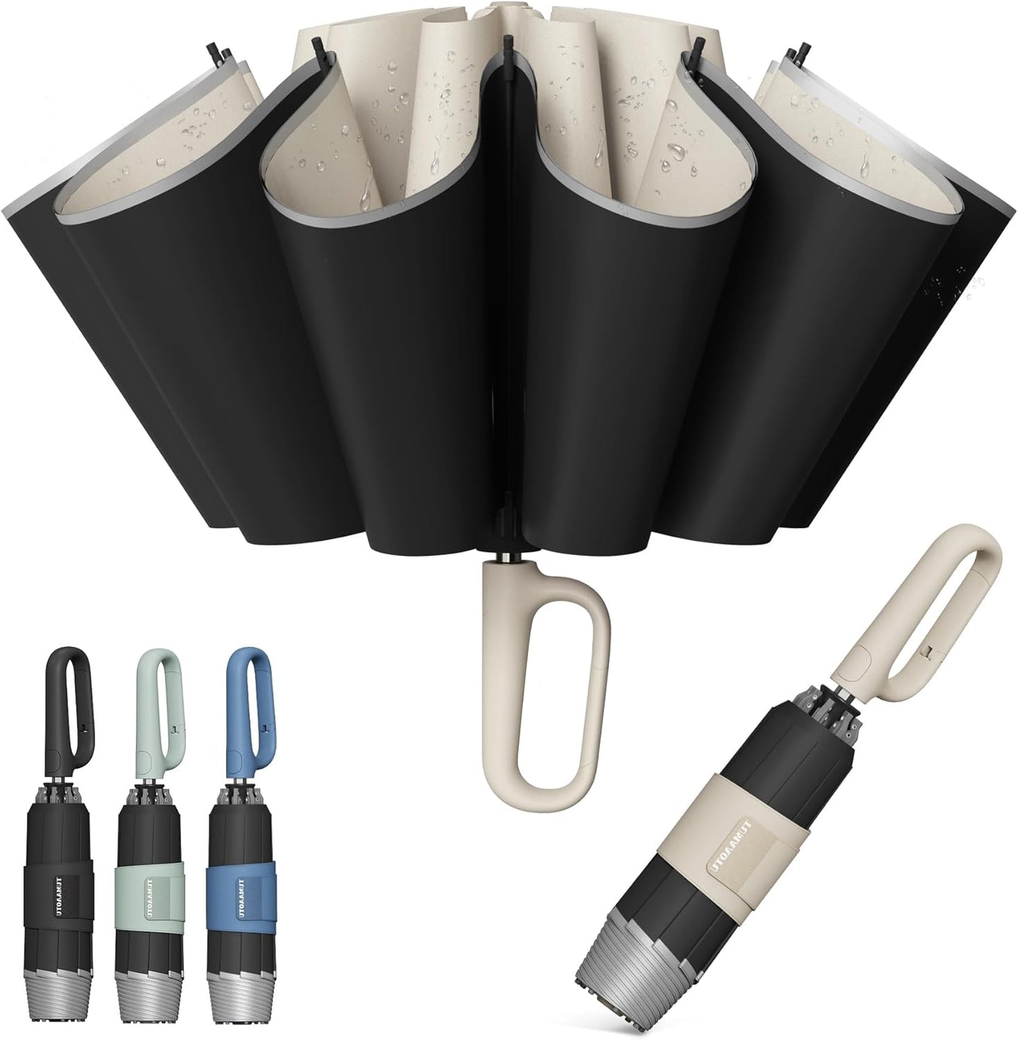 QWB TUMAAOTU Inverted Umbrella with Carabiner Handle, Wind Proof Umbrellas For Rain and Sun, 46 Inch Portable Reverse Folding UV Umbrella, Car Umbrella for Women Men, 10 Ribs