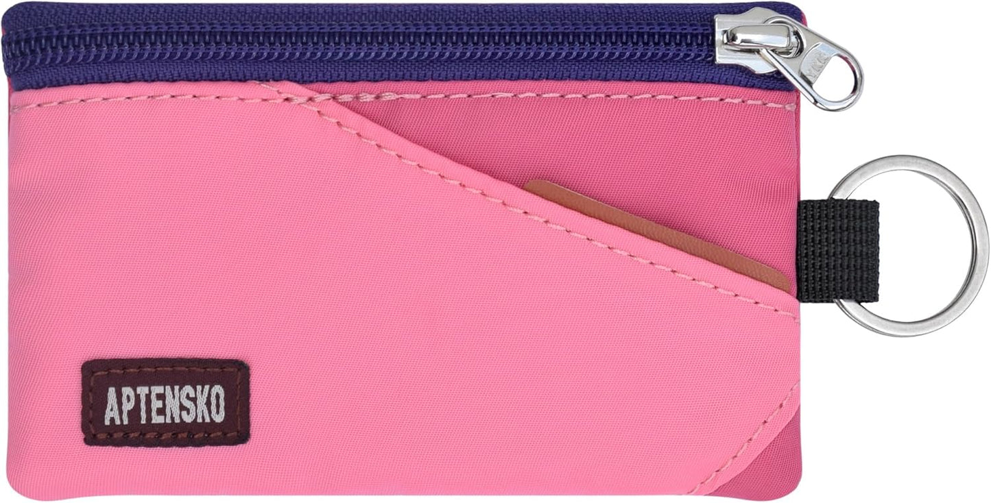 RFID Travel Wallet with Adjustable Lanyard-Zipper Small Wallet with ID Card Holder, Keychain for women&men-Minimalist Slim Waterproof Nylon case for ID, Cash, Key (Pink+RosePink)
