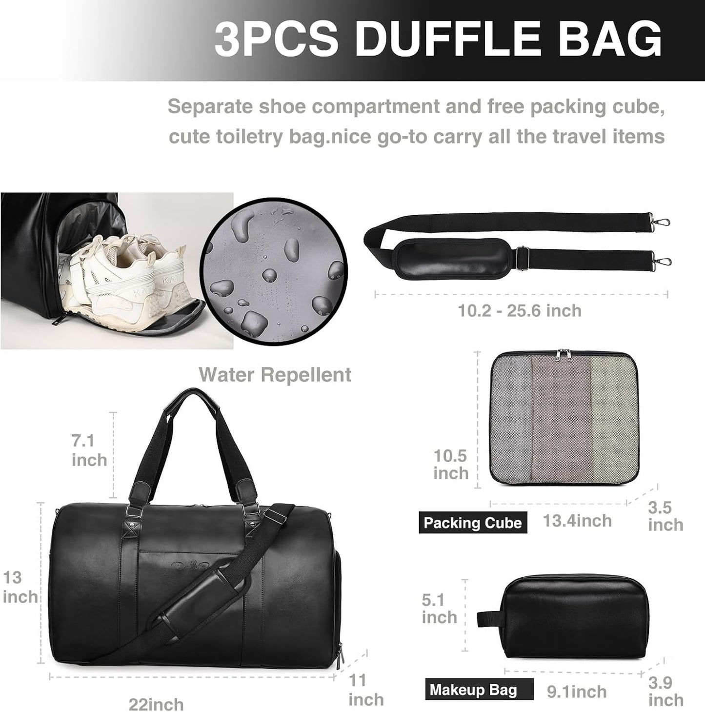 3-in-1 Leather Duffle Bag with Toiletry and Shoe Compartment, Weekender Overnight Gym Bag for Men and Women, Carry On Fits Most 15.6 Inch Laptops(Black)