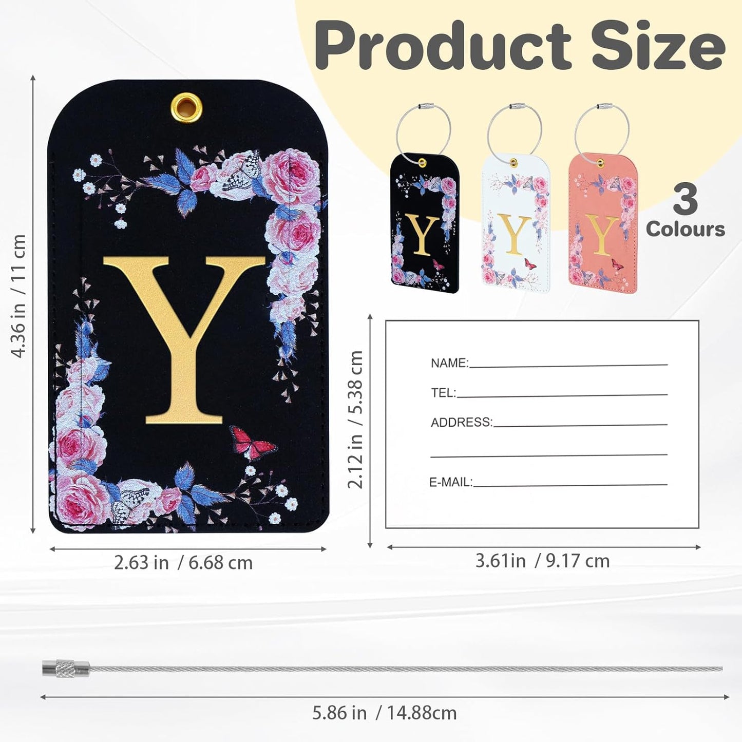 3 Pack Luxury Floral Luggage Tags, Durable PU Leather Suitcase Tags with Stainless Steel Cable Strap, Hidden ID Slot for Privacy Protection, Easy to Identify Waterproof Travel Accessories Gift (Y)