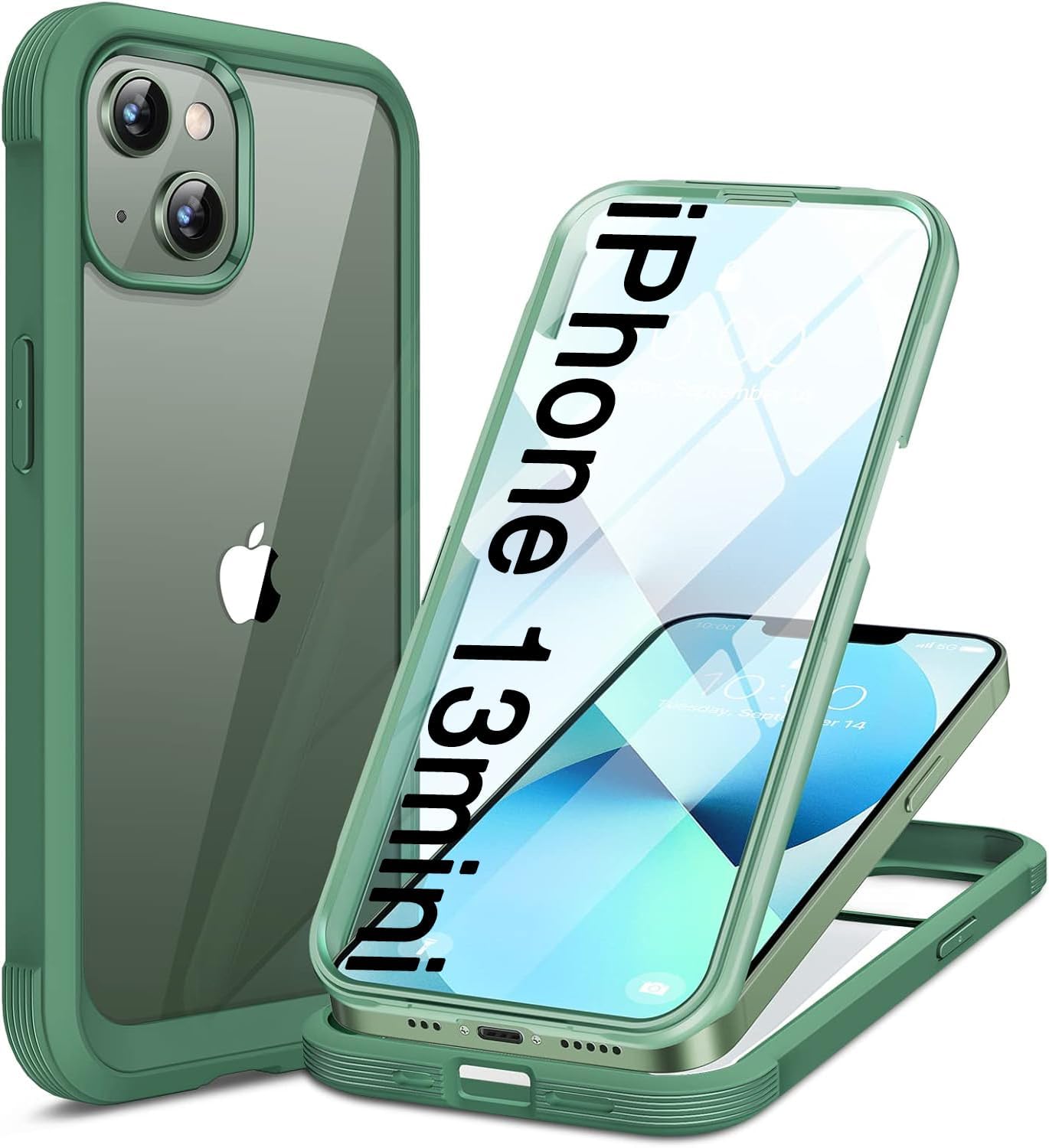 Miracase Compatible with iPhone 13 Mini case 5.4 inch, 2023 Upgrade Full-Body Glass Clear Case Bumper Case with Built-in 9H Tempered Glass Screen Protector for iPhone 13 Mini, Acacia Green