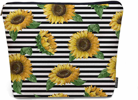 Makeup Bag Sunflower Makeup Bags For Purse Pouch, Yellow Sunflowers Stripes Travel Toiletry Bag Cosmetic Bag Makeup Bags Flax Makeup Organizer Bag Pencil Pouch For Man Woman