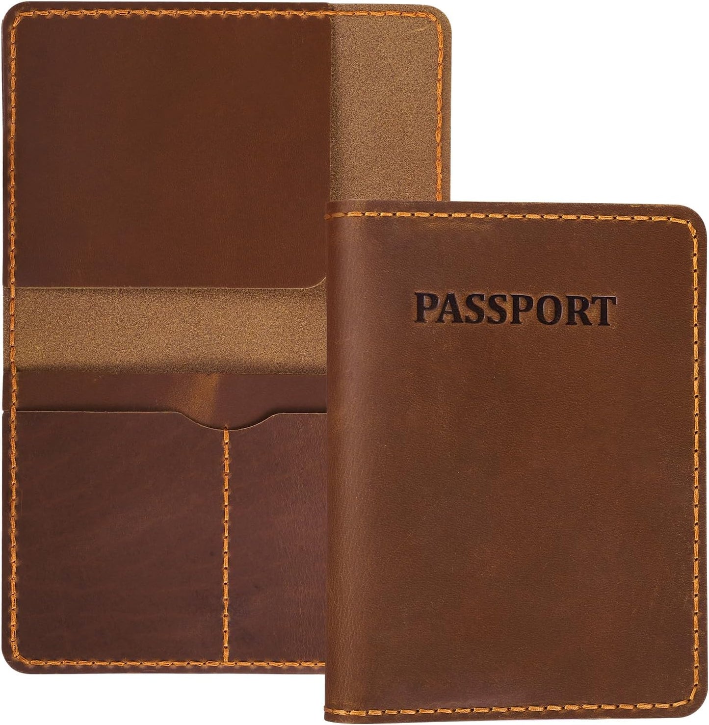 Genuine Leather Passport Holder for Travel,RFID Blocking Passport Cover, Men Passport Wallet, Folding Passport Clip with One Pocket, Two Card Slots, And One Passport Pocket(Bourbon Brown)
