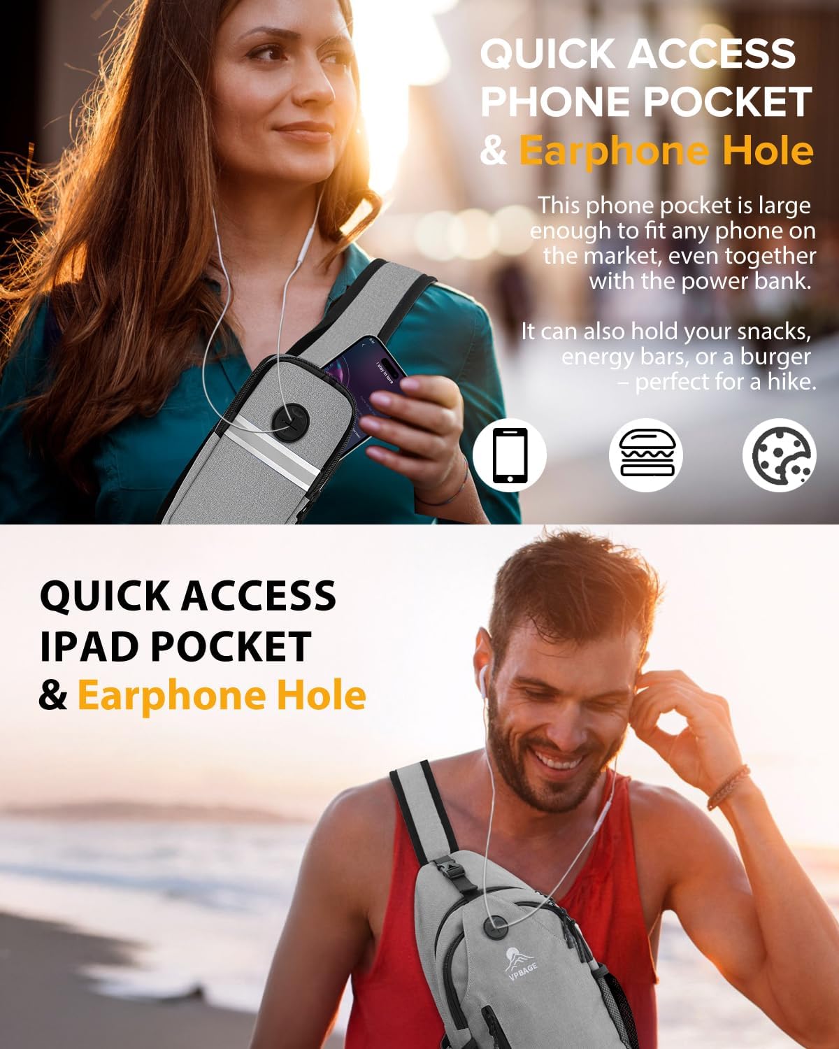 Sling Bag, Crossbody Bag for Men, Cross Body Hiking Backpack, Travel Daypack, Chest Pack with Chest Phone Holder