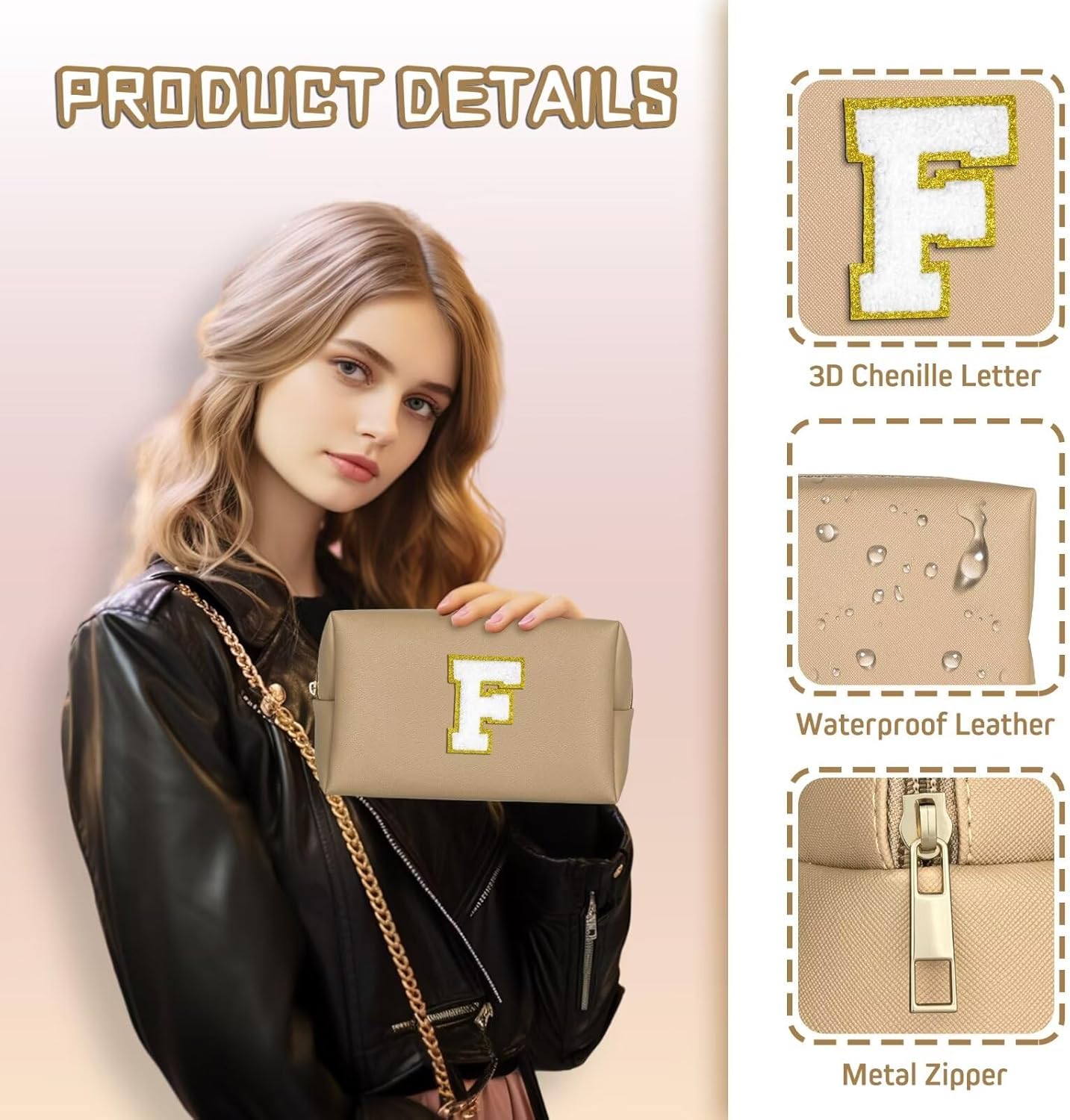 TOPEAST Initial Cosmetic Bag, PU Leather Waterproof Travel Toiletry Bag, Monogrammed Gifts for