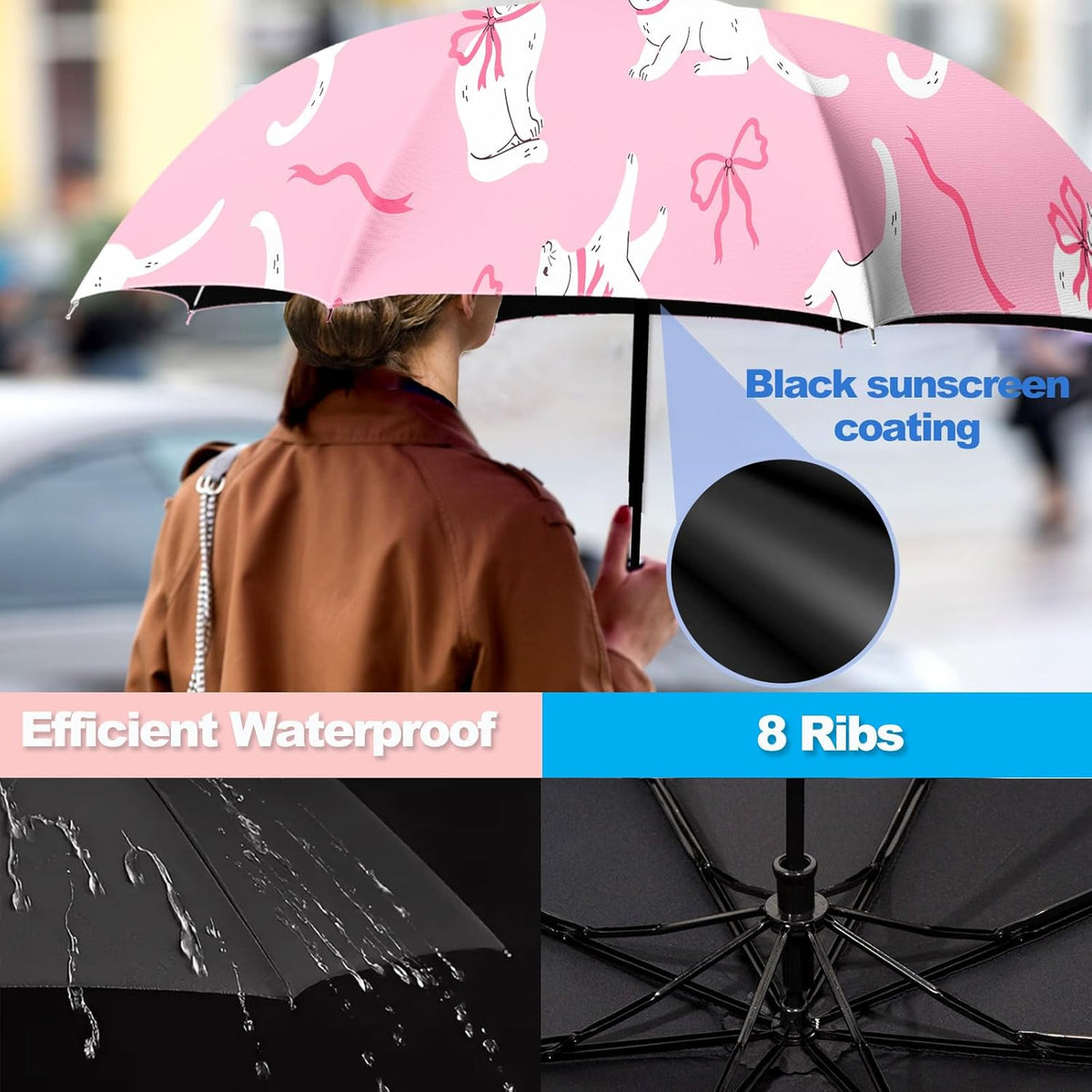 Small Travel Folding Umbrella for Girl, Portable, UV, SunShade, Compact, Automatic, Rain & Wind