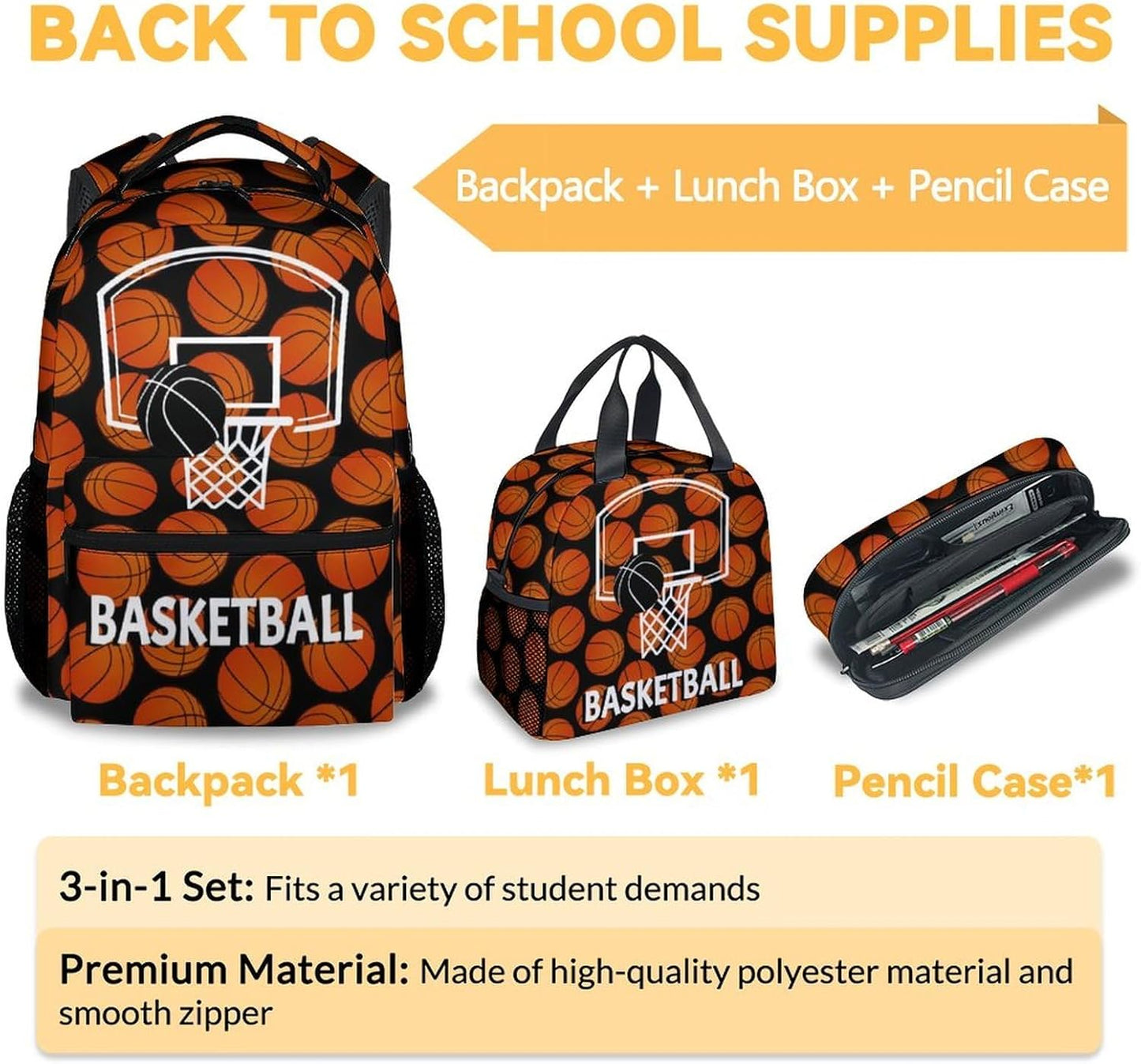 Mercuryelf Basketball Backpack with Lunch Box And Pencil Case, Elementary Kindergarten School Preschool Bookbag for Boys Girls Kids, Set of 3