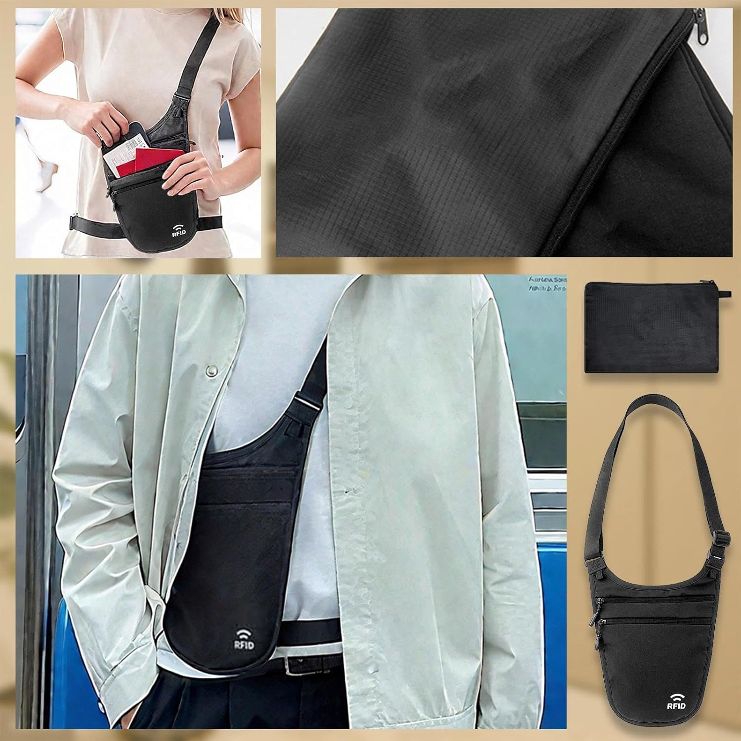 Travel Money Belt Under Clothes,RFID Passport Wallet, Hidden Money Belt for Travel Women Men