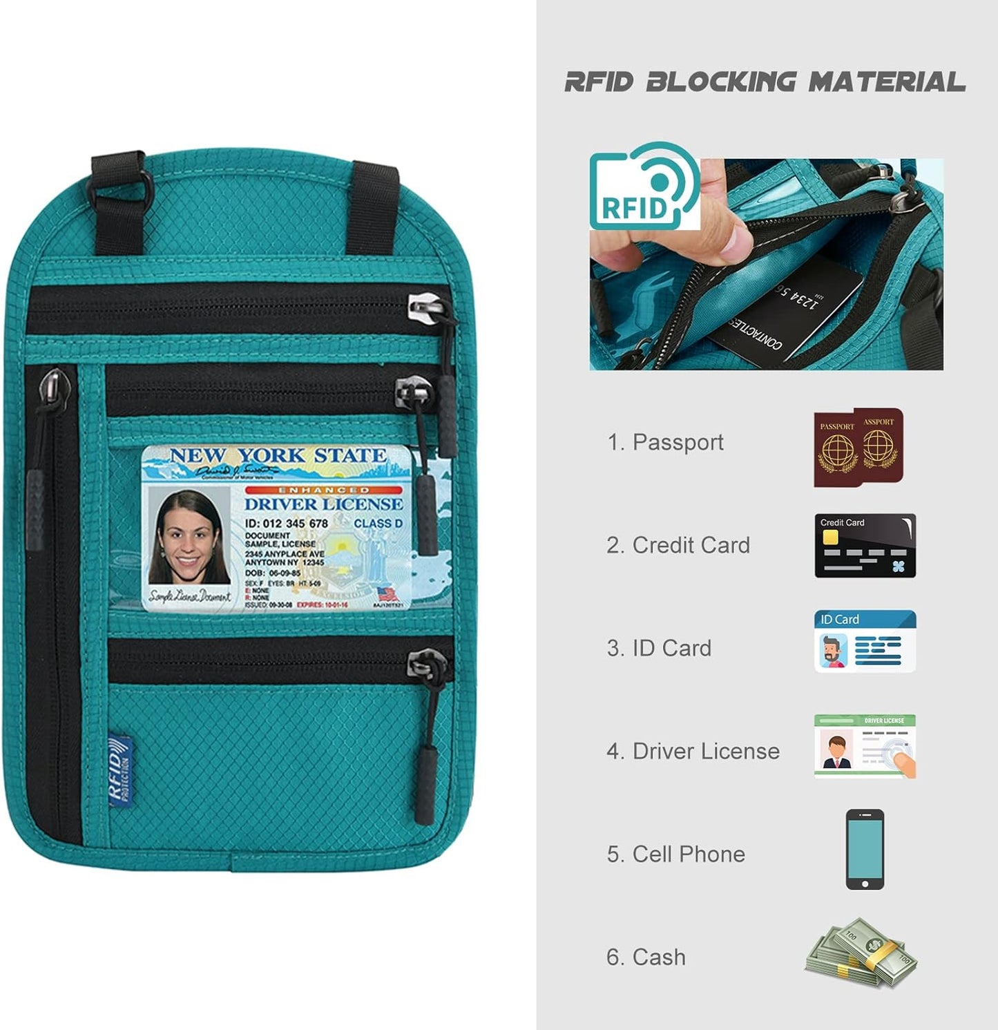 Surblue RFID Blocking Neck Wallet Travel Passport Holder Neck Pouch Vaccination Card Holder for Women & Men, Blue