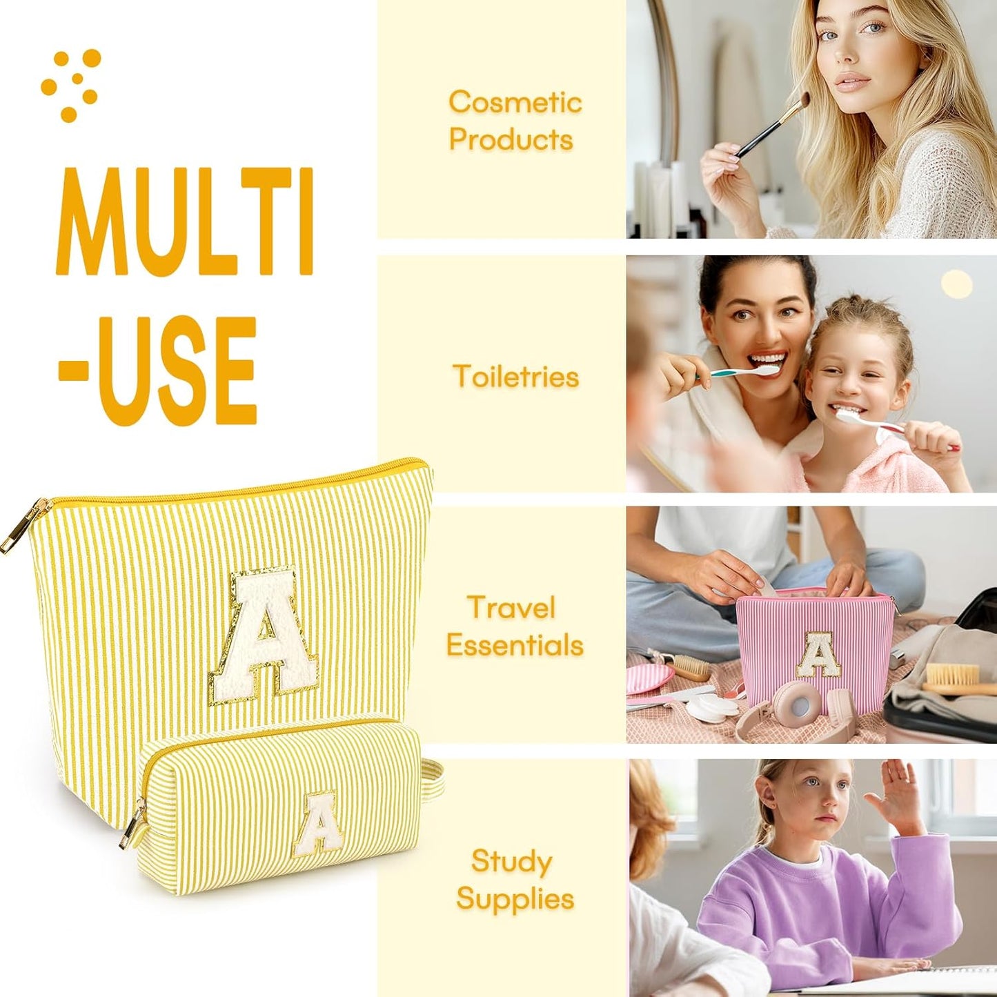 2 PCS Initial Makeup Bags for Women: Cosmetic Bag for Travel Toiletry - Birthday Gifts for 11 12 13 14 15 16 17 18 Years Old Girl Graduation Teacher Gift- Teen Girl Gifts Trendy Stuff - Yellow A
