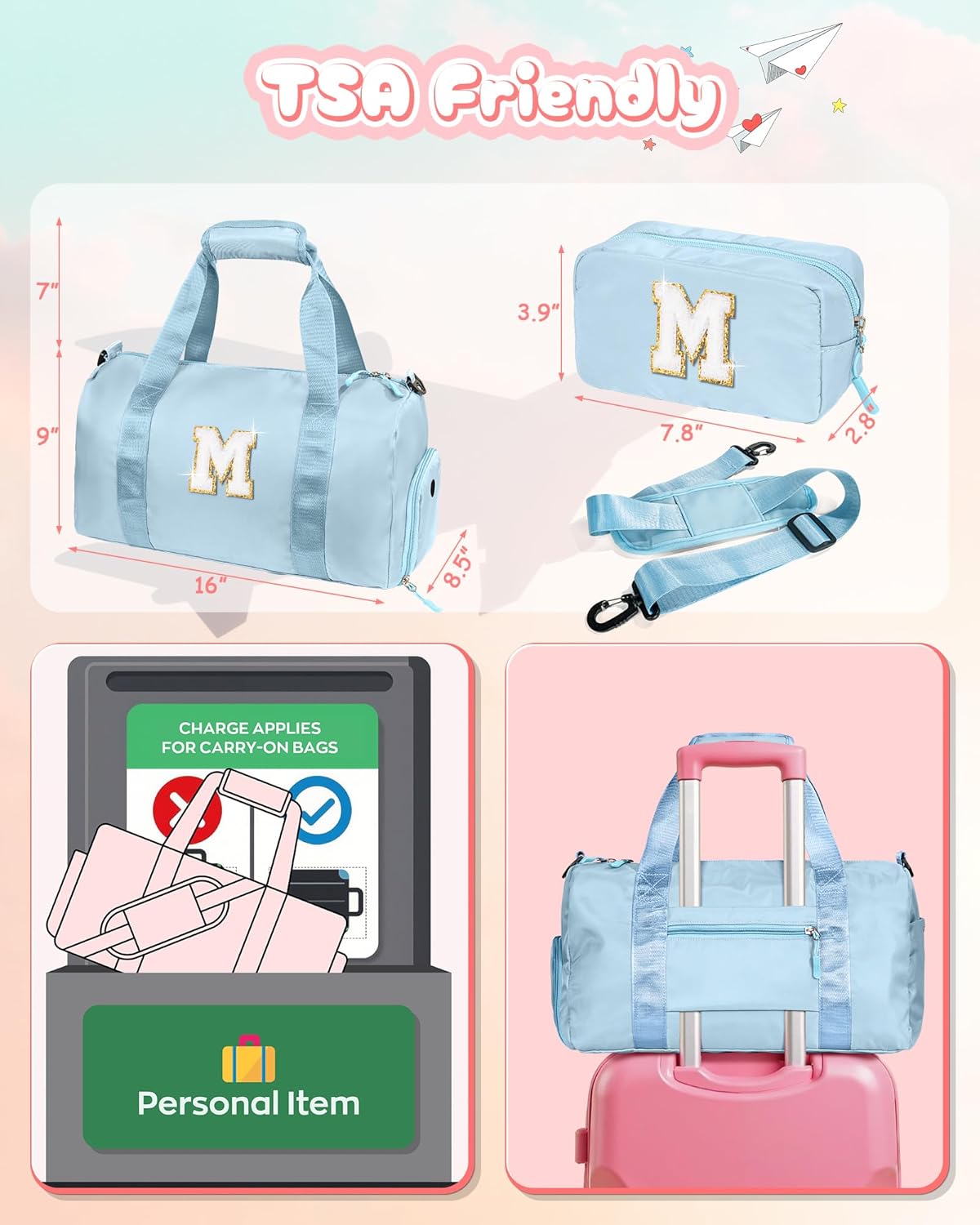 Gifts for 4 Year Old Girls-Girl Gym Bag with Shoe Compartment, Kid Personalized Weekender Overnight Bags, Initial Travel Tote with Makeup Pouch, Gifts for Teen Daughter (Letter Q)