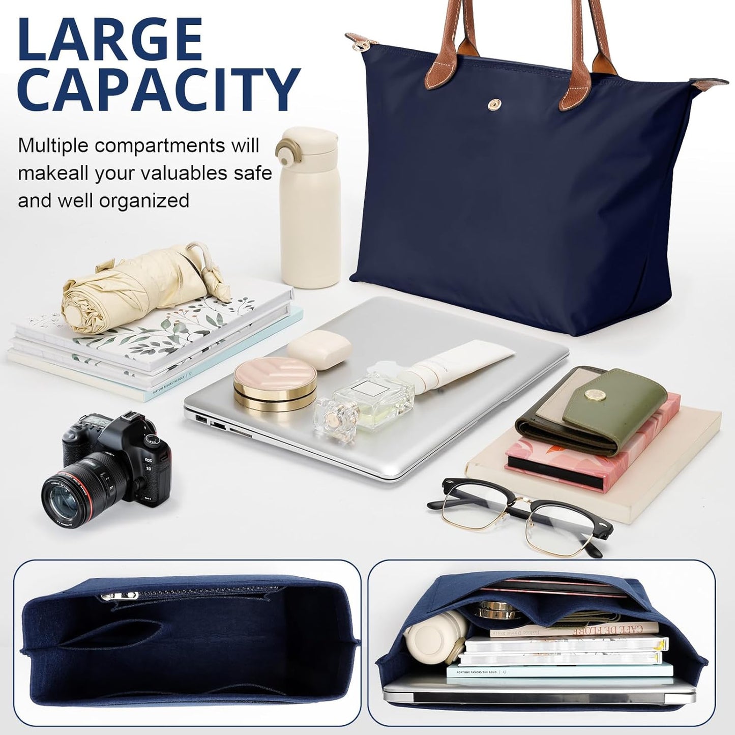 Tote Bag for Women with Purse Organizer Insert, Foldable Large Capacity Waterproof Nylon Bag for Travel, and Daily Use