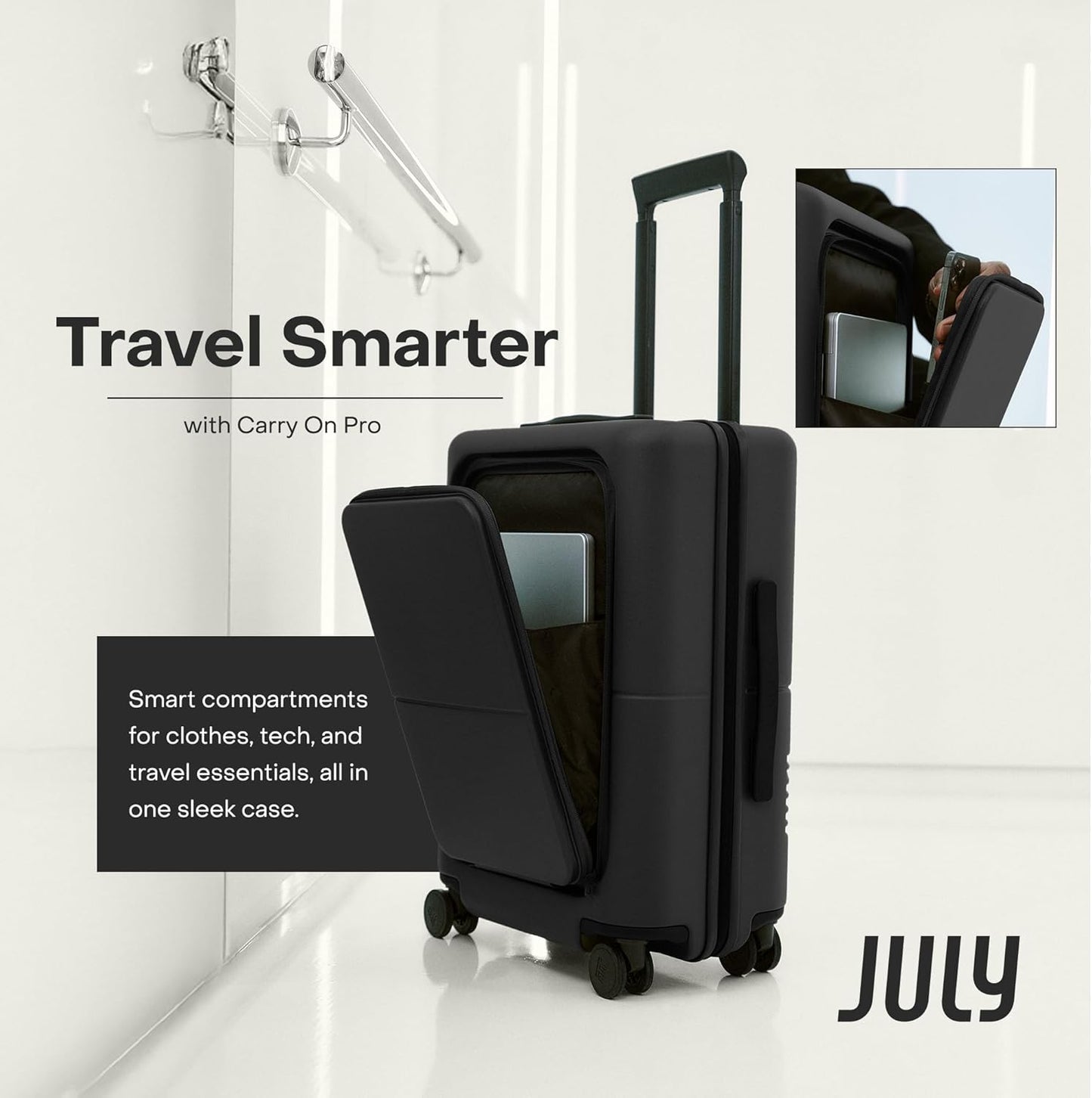 Carry On Pro - 20" Hardshell with Front Pocket, Airline Approved Carry On Luggage with Wheels, TSA Lock Rolling Suitcase, Silent Spinner Wheels, USB Ports & Ejectable Battery - Charcoal