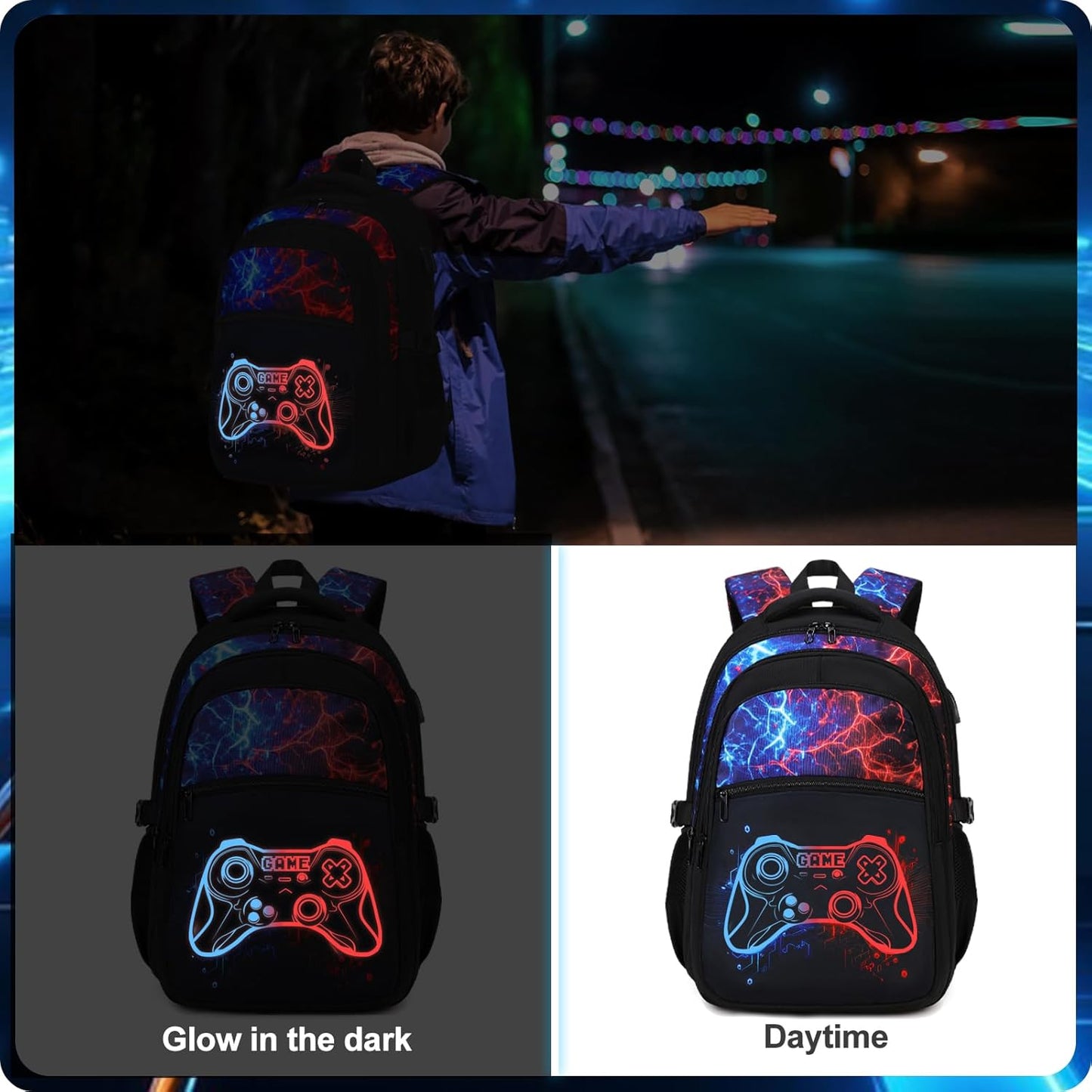 Boys Backpack for School, 3PCS Cool Luminous Gamer Backpack for Boys with Lunch Box Pencil Case, Kids Backpacks Bookbag for Teen Boy Elementary Middle High School with USB Charging Port