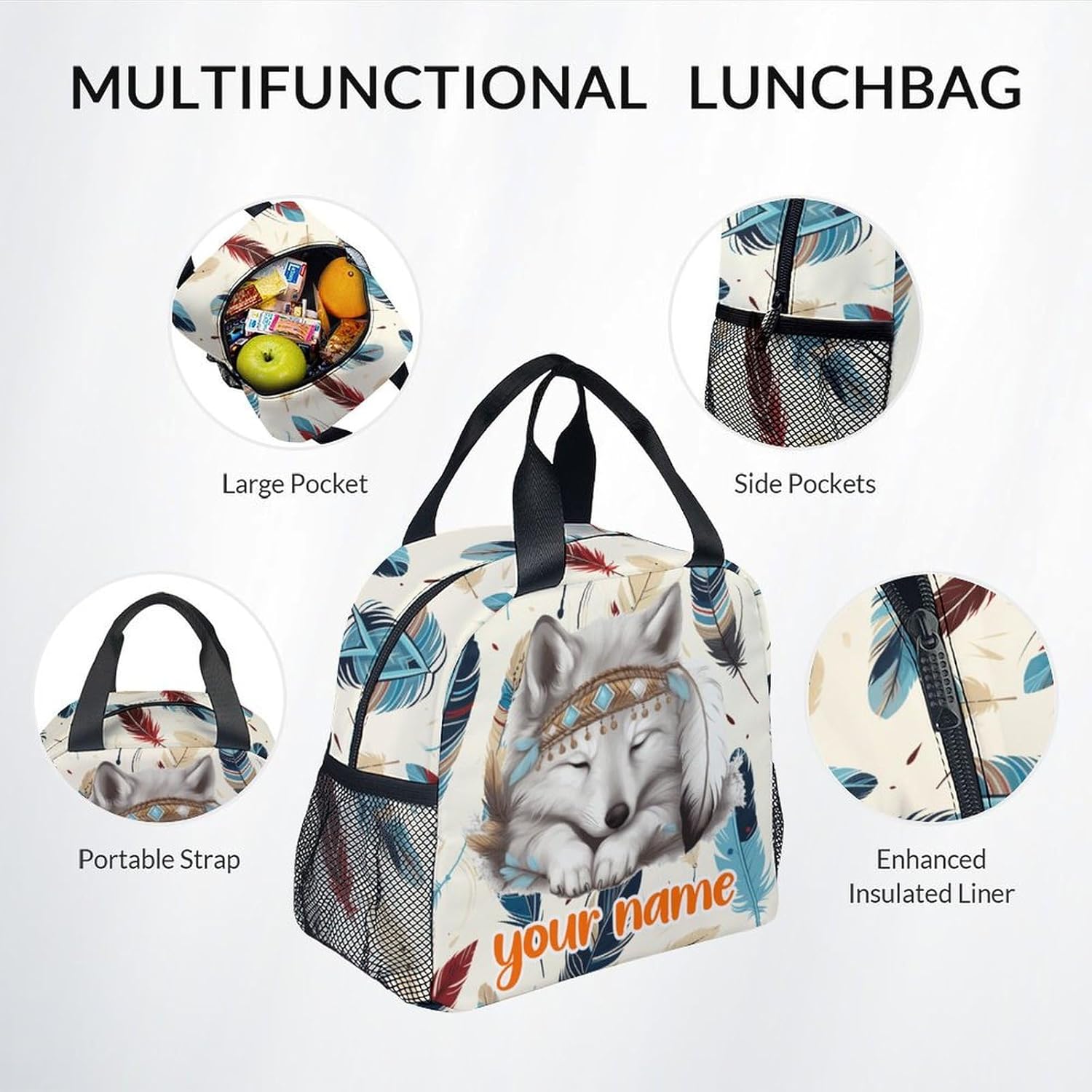 UNIKITTY Custom Kids Backpack - 3PCS School Set for Girls Boys, Cute Wolf Design With Lunch Bag