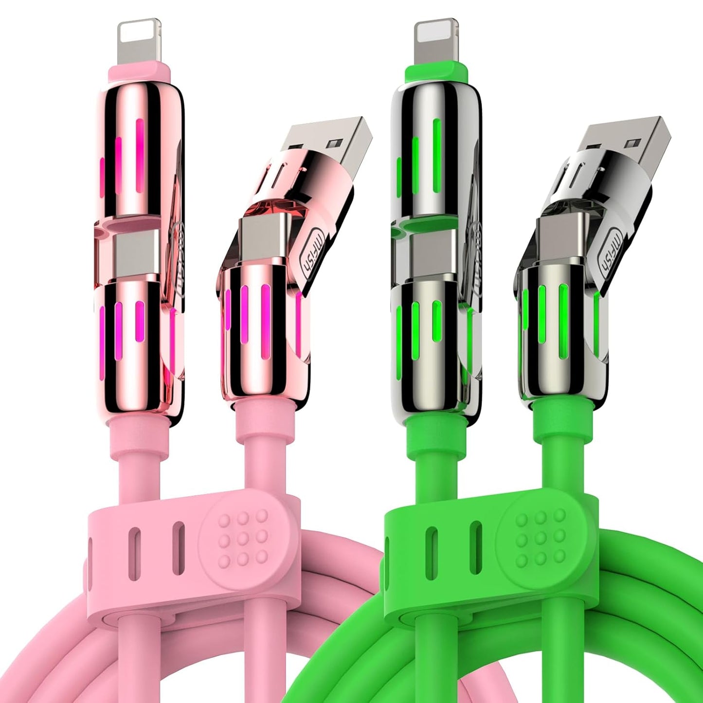 MFish 240W 4-in-1 Universal USB Charging Cable [2 Pack, 6.6ft] – Fast Charger Cord with USB-A, Dual USB-C & Lighting, for iPhone 14/15/16/17 Series, iPad & MacBook & More (2PACK, Pink+Green, 6.6Ft)