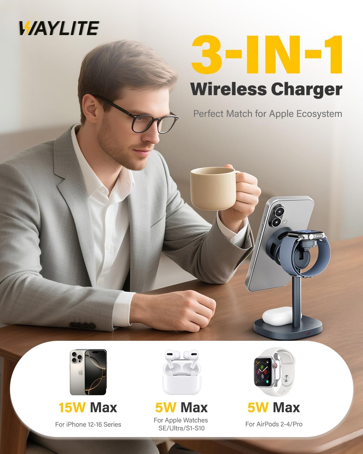3 in 1 Wireless Charging Station for Apple MagSafe Charger Stand,15W Qi2 Fast Charging Station with TEC Cooling, Magnetic Wireless Charger for iPhone17 16 15 14 13, Apple Watch, AirPods, Gifts for Men