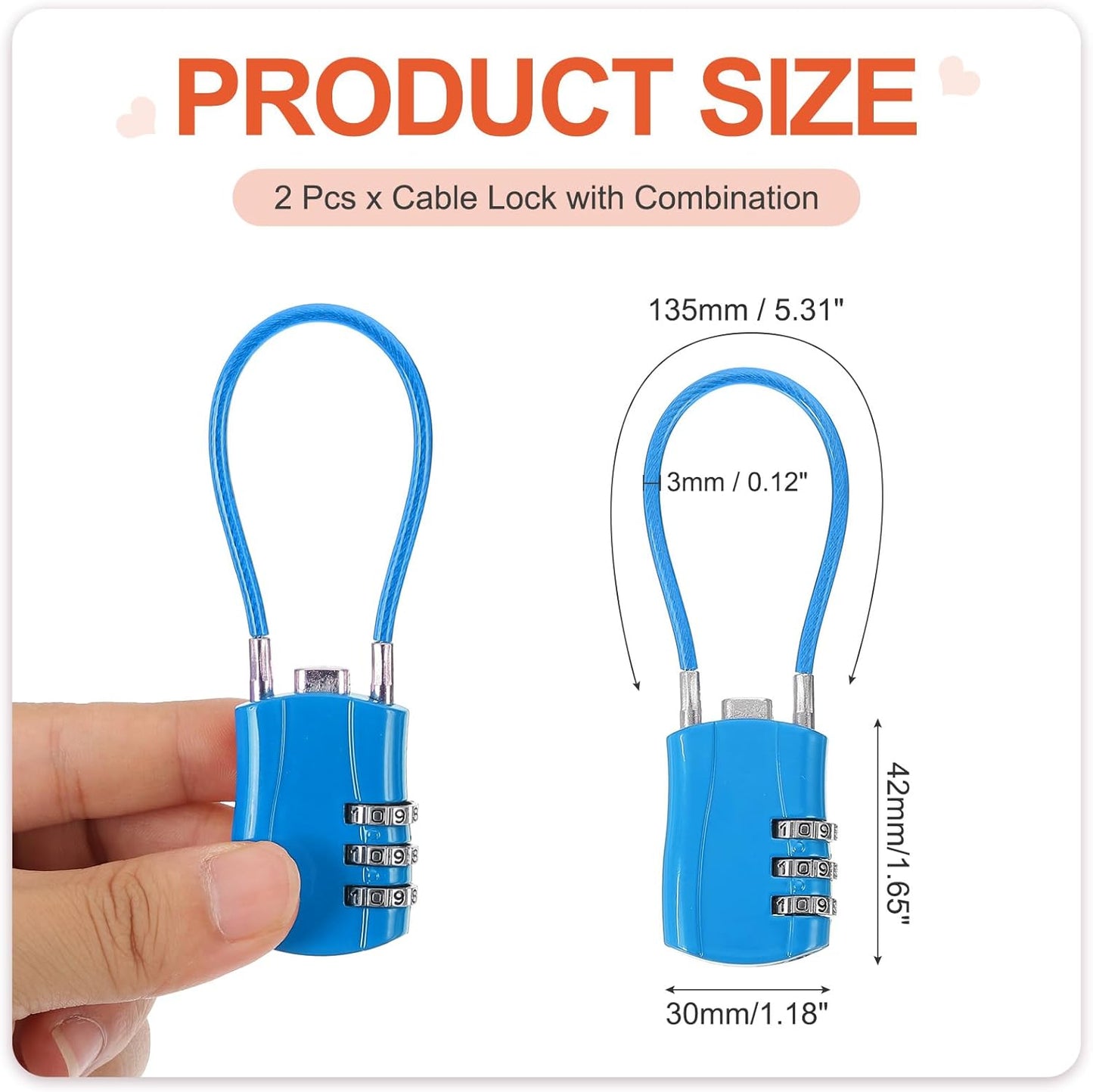 MECCANIXITY 2 Pcs Luggage Travel Lock, 3 Digit Cable Combination Lock 1-3/16" Width Body with 5" Long Cable for Suitcase Bag Cabinets Small Fences Gym, Blue