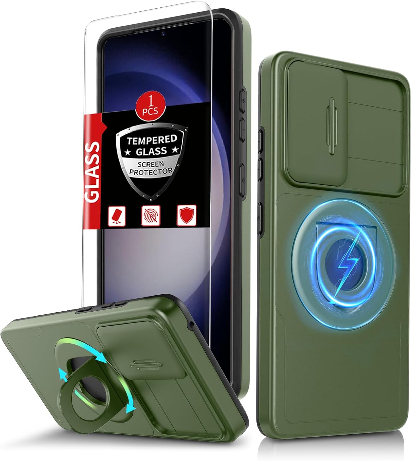 for Samsung Galaxy S23 Plus Case Magnetic Compatible with MagSafe Wireless Charging,with Screen Protector,for S23+Plus Case with Stand Ring+Camera Cover Shockproof Heavy Duty Protection Green
