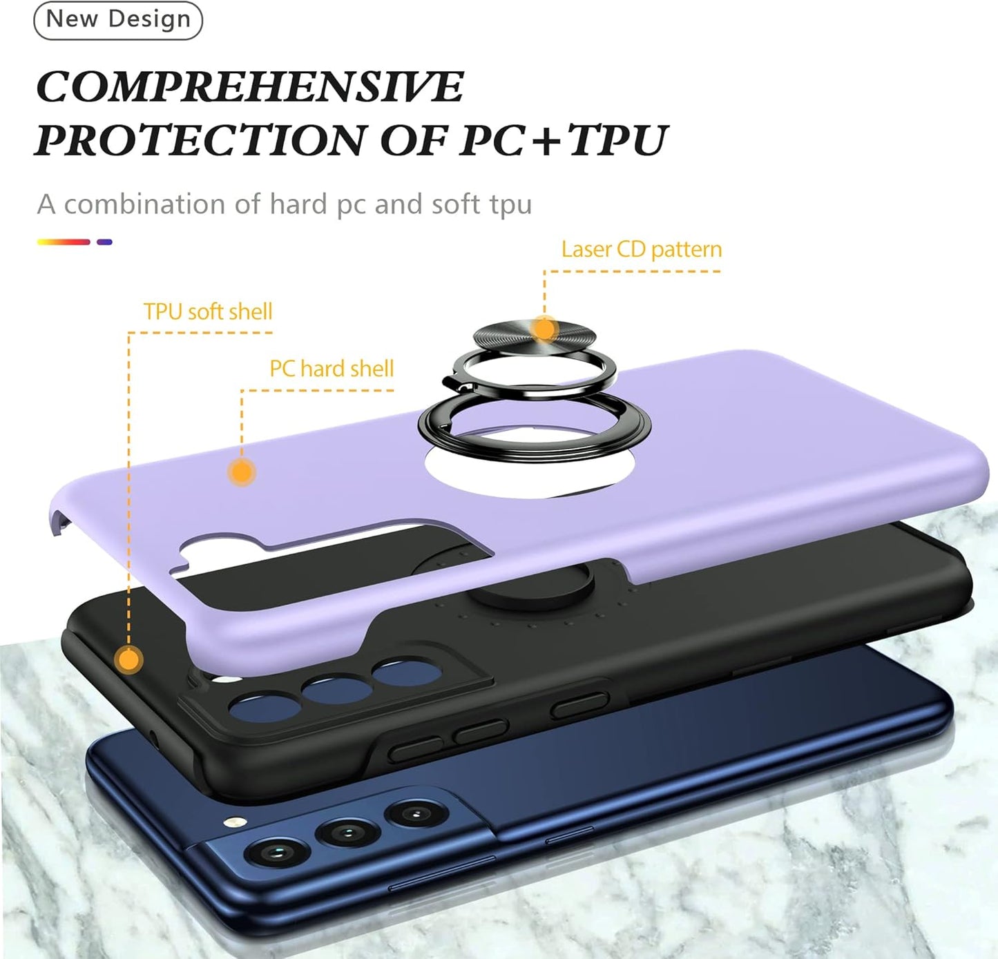 Galaxy S21 FE 5G Case with Nano Explosion-Proof Film - 2 Pack Military Grade Double Shockproof Invisible Kickstand Case - Purple