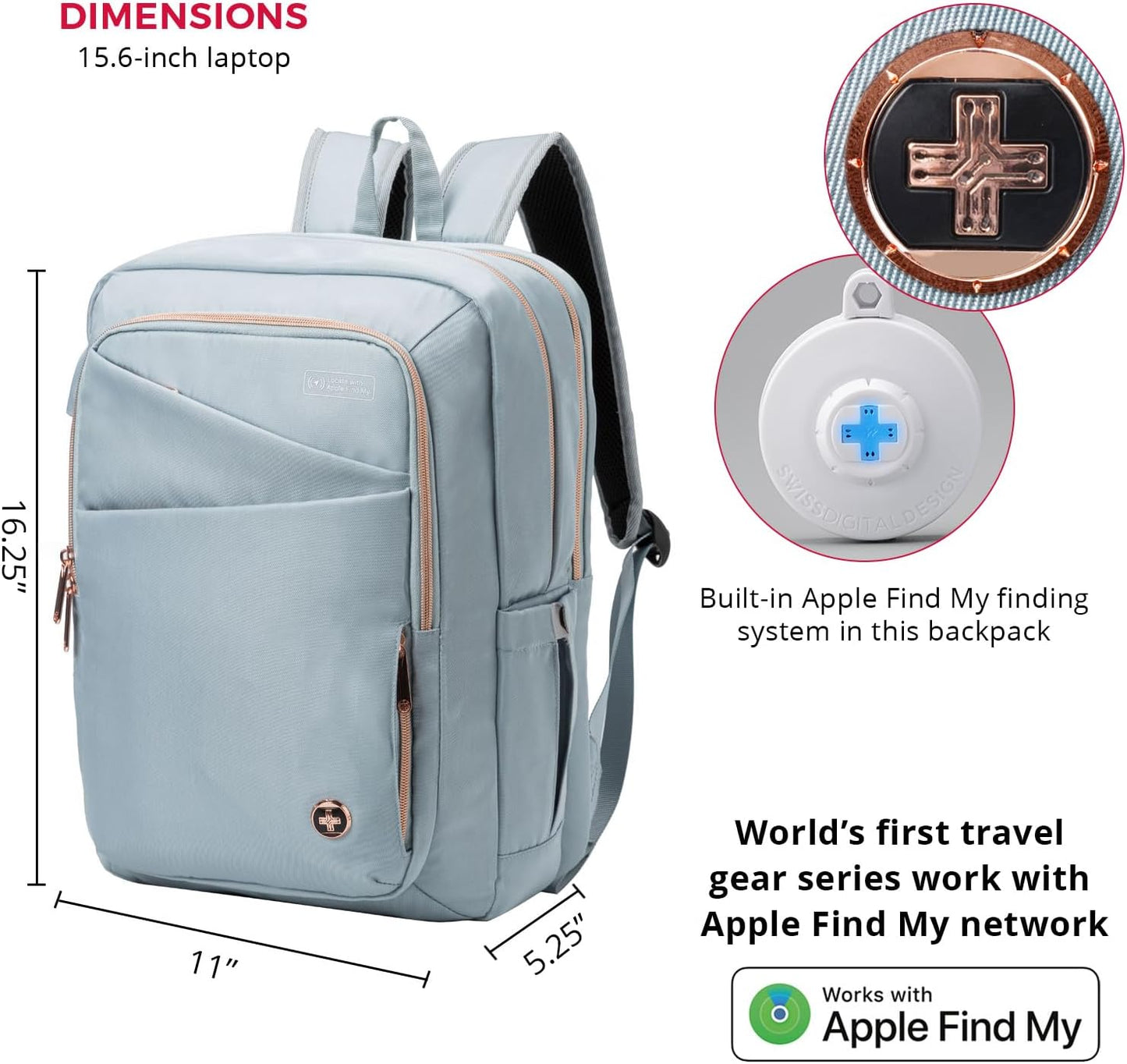 Swissdigital Design Women Laptop Backpack For Women With Apple Find My network,Travel Bookbags With USB Charging Port，Large Capacity Computer Backpacks For Work Business,Teal Blue | KATY ROSE