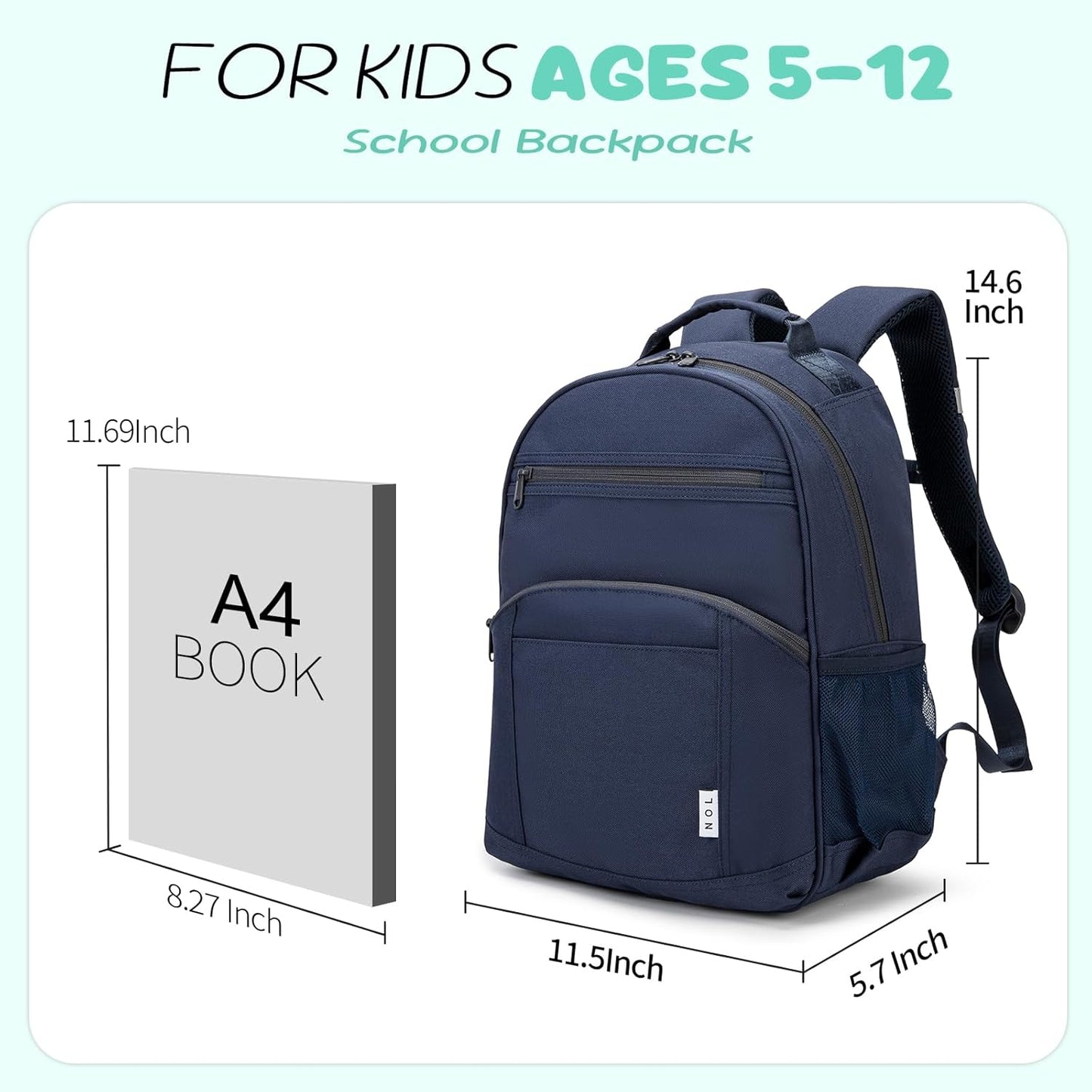 NOL Natural Organic Lifestyle Kids Backpack, School Backpacks for Teens Girls Boys, School Bookbag with Pencil Bag & Reflective Stripe for Elementary School - Navy blue