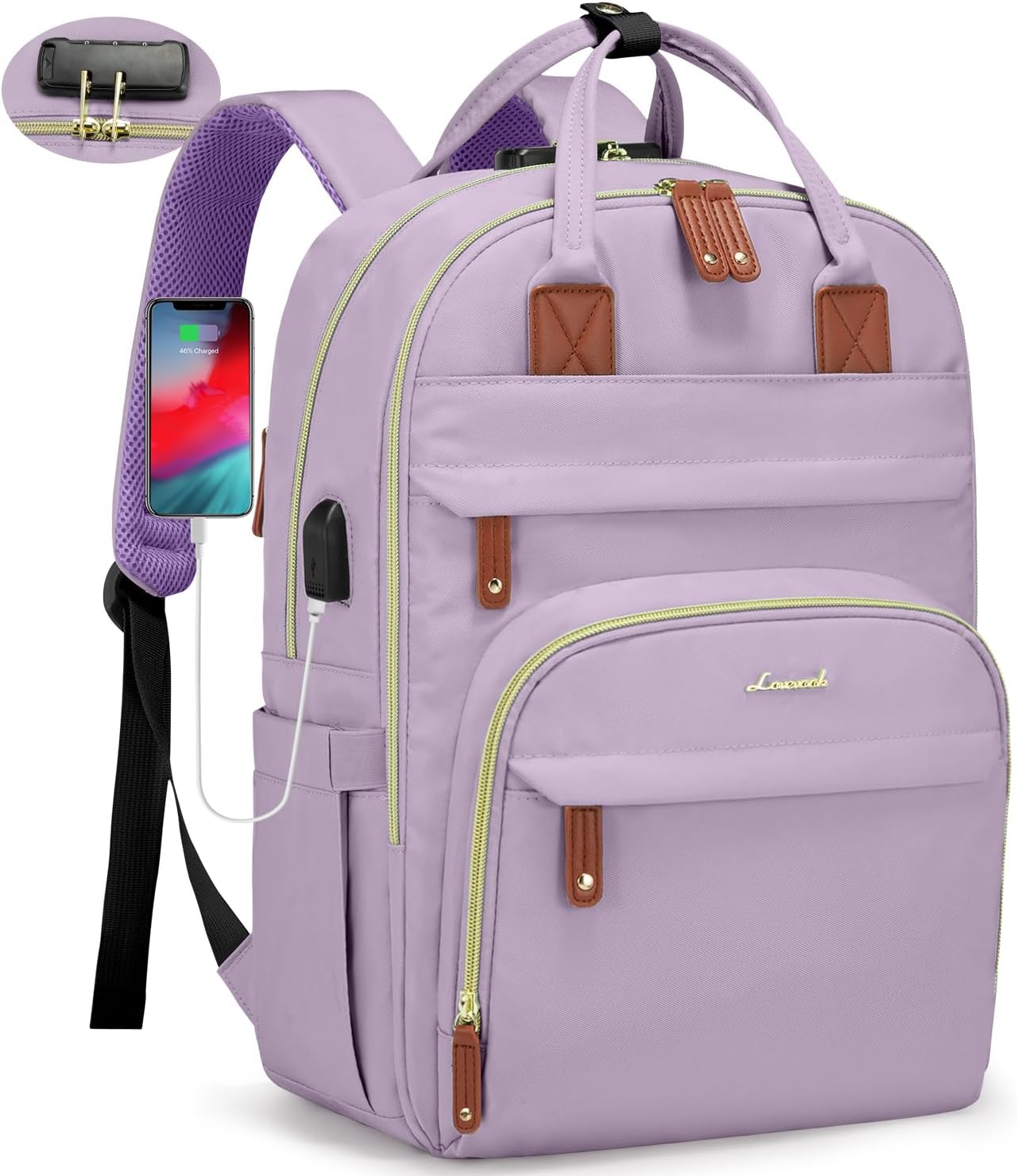 LOVEVOOK Laptop Backpack Purse for Women, Unisex Large Capacity 17 Inch Travel Anti-theft Bag, Work Business Computer Bags backpack, Casual Hiking Daypack with Lock, Light Purple