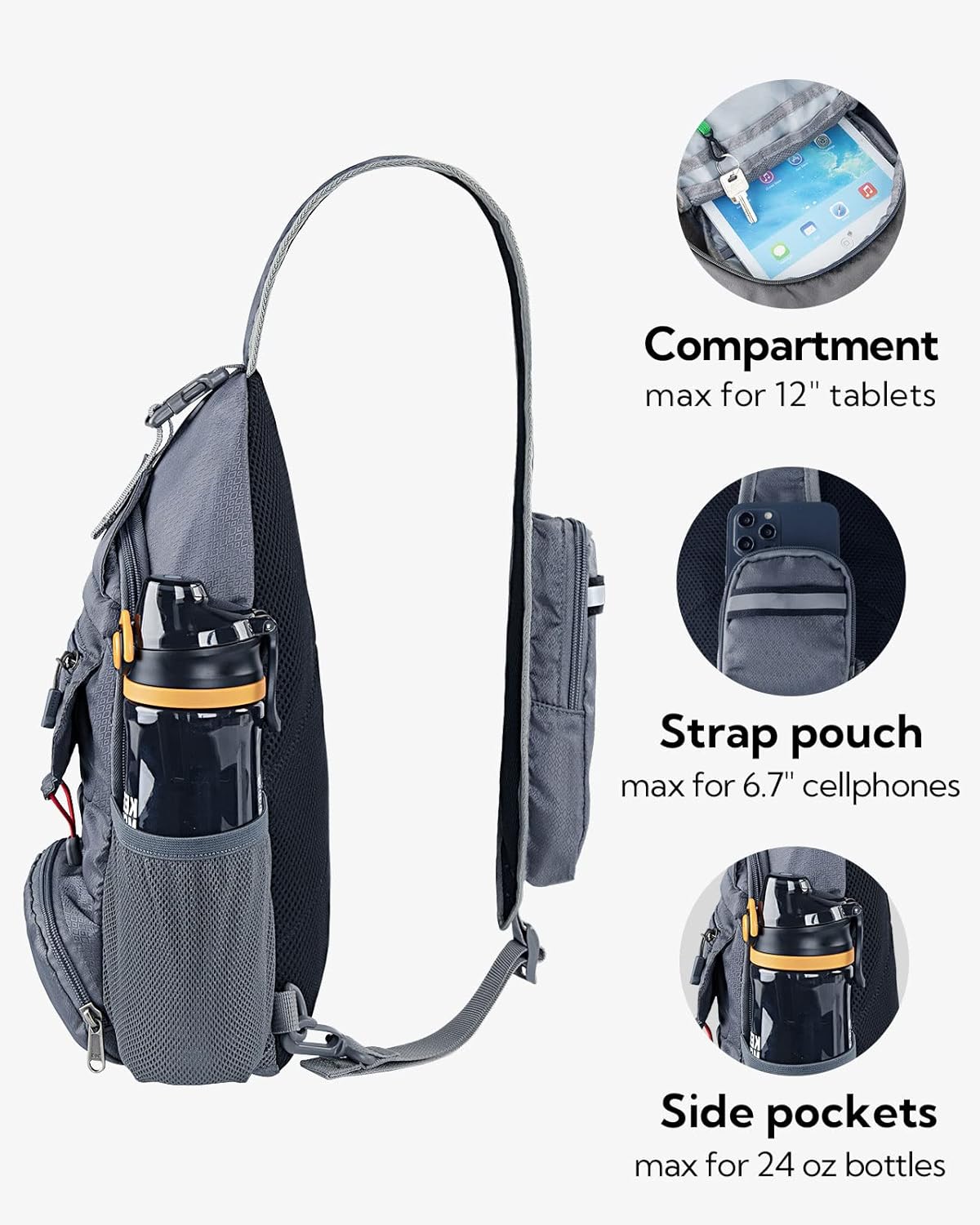 WATERFLY Packable Small Crossbody Sling Backpack Shoulder Chest Bag Daypack for Hiking Traveling Grey