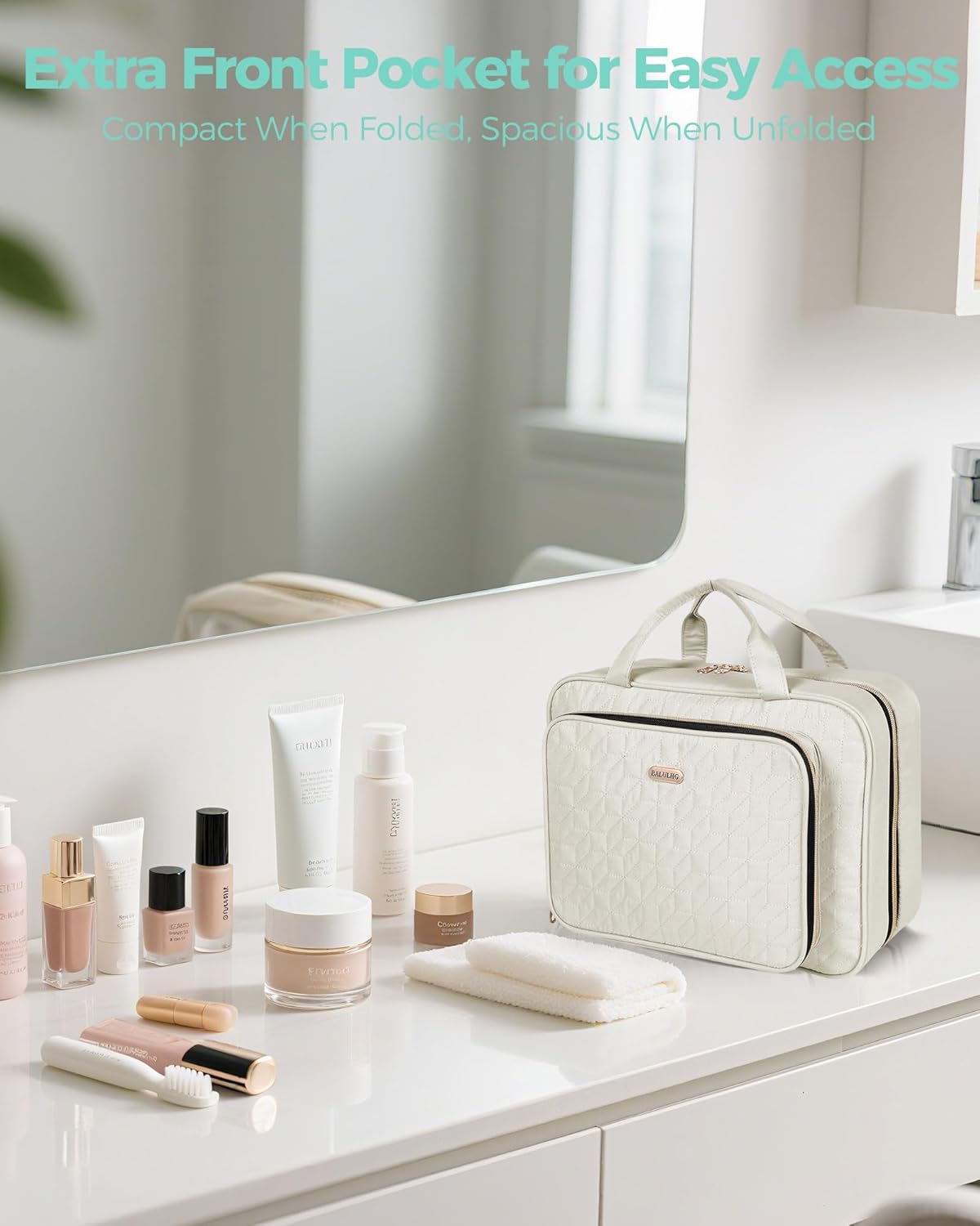 Travel Hanging Toiletry Bag for Women,Makeup Bag Cosmetic Organizer Waterproof with Hanging Hook Multiple Pockets for Women Travel Essentials Beige