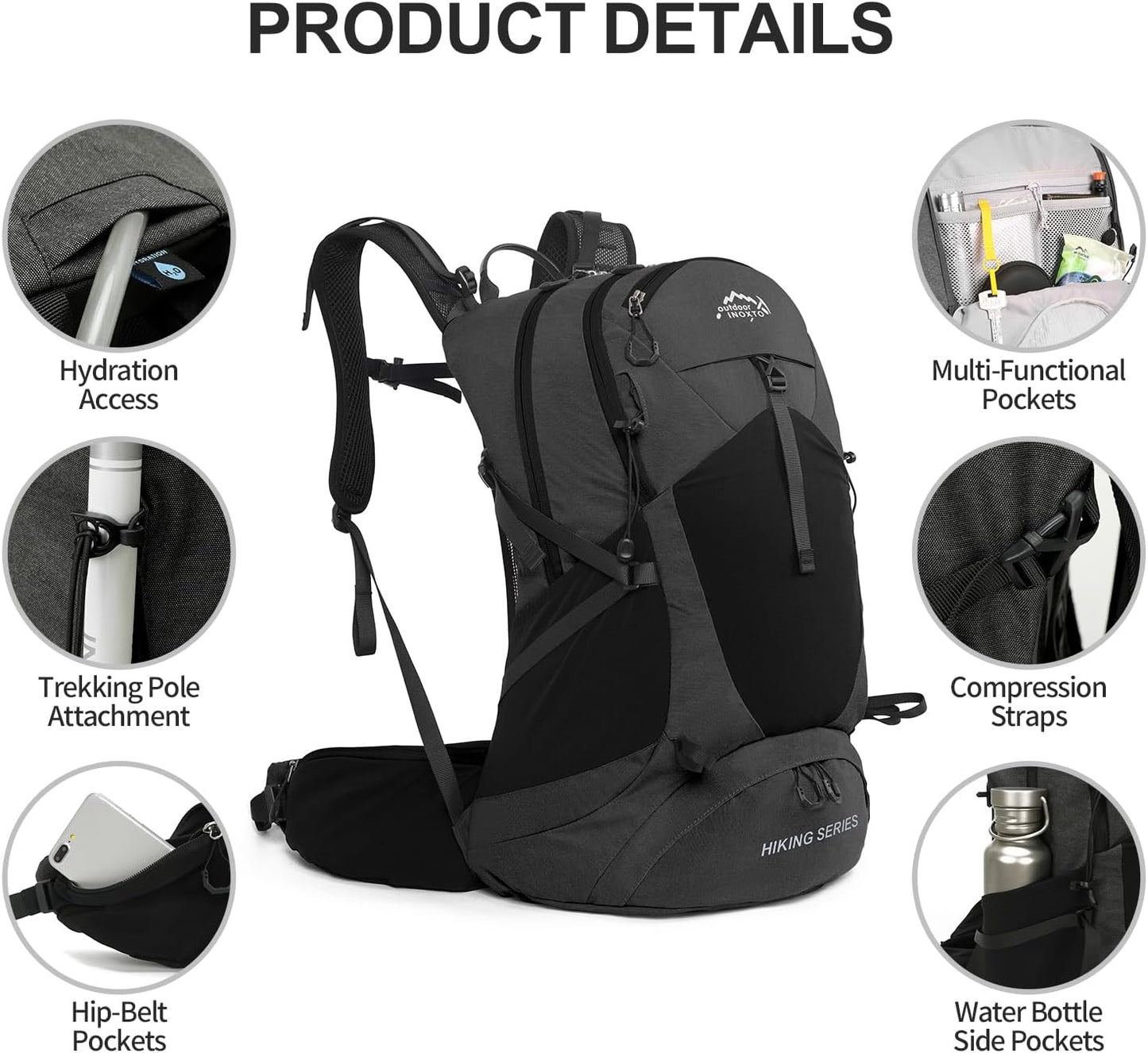 Hiking Backpack, Waterproof Hiking Daypack with 3L Water Bladder and Rain Cover, Lightweight Travel Camping Backpack for Men Women (Black)
