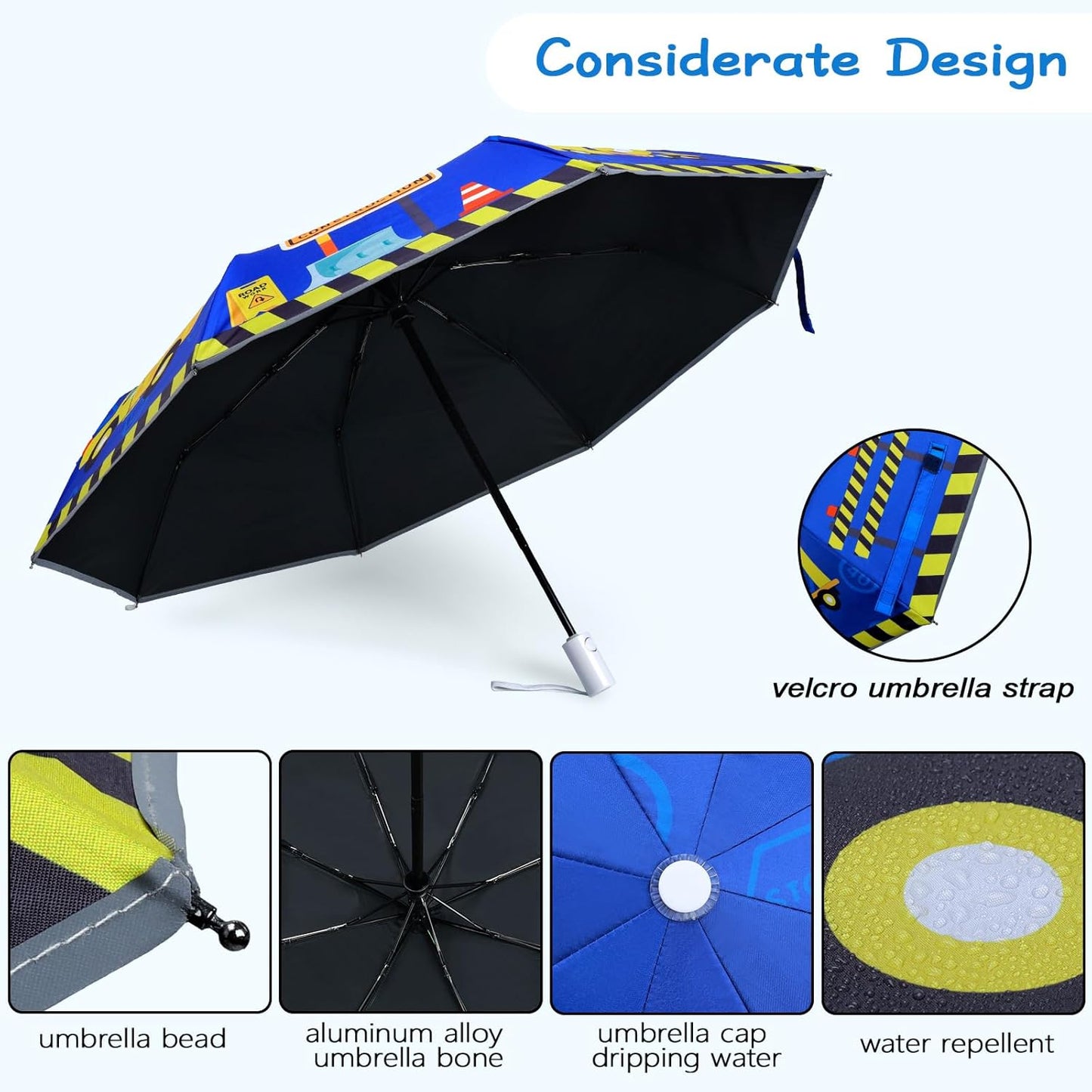 Kids Folding Umbrella Auto Open/Close Anti-rebound Safe Design UV Resistant Automatic Children Travel Umbrellas 8 Rib Reinforced Canopy 360° Reflective Strip Lightweight Cute Umbrella for Girls & Boys