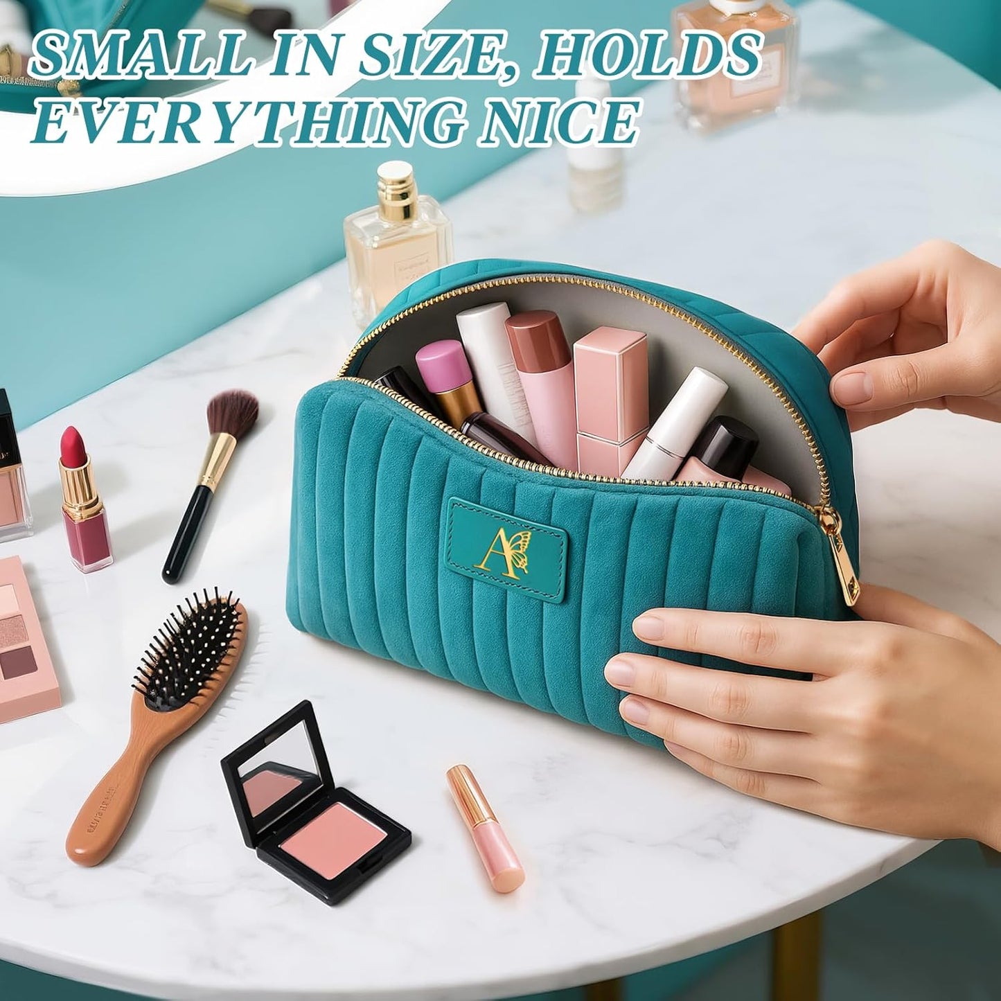 Monogrammed Make Up Bags for Women,Personalized Cosmetic Bags Women,Small Quilted Makeup Pouch,Cute Makeup Bag Travel,Birthday Gifts for Teen Girl (Blue A)