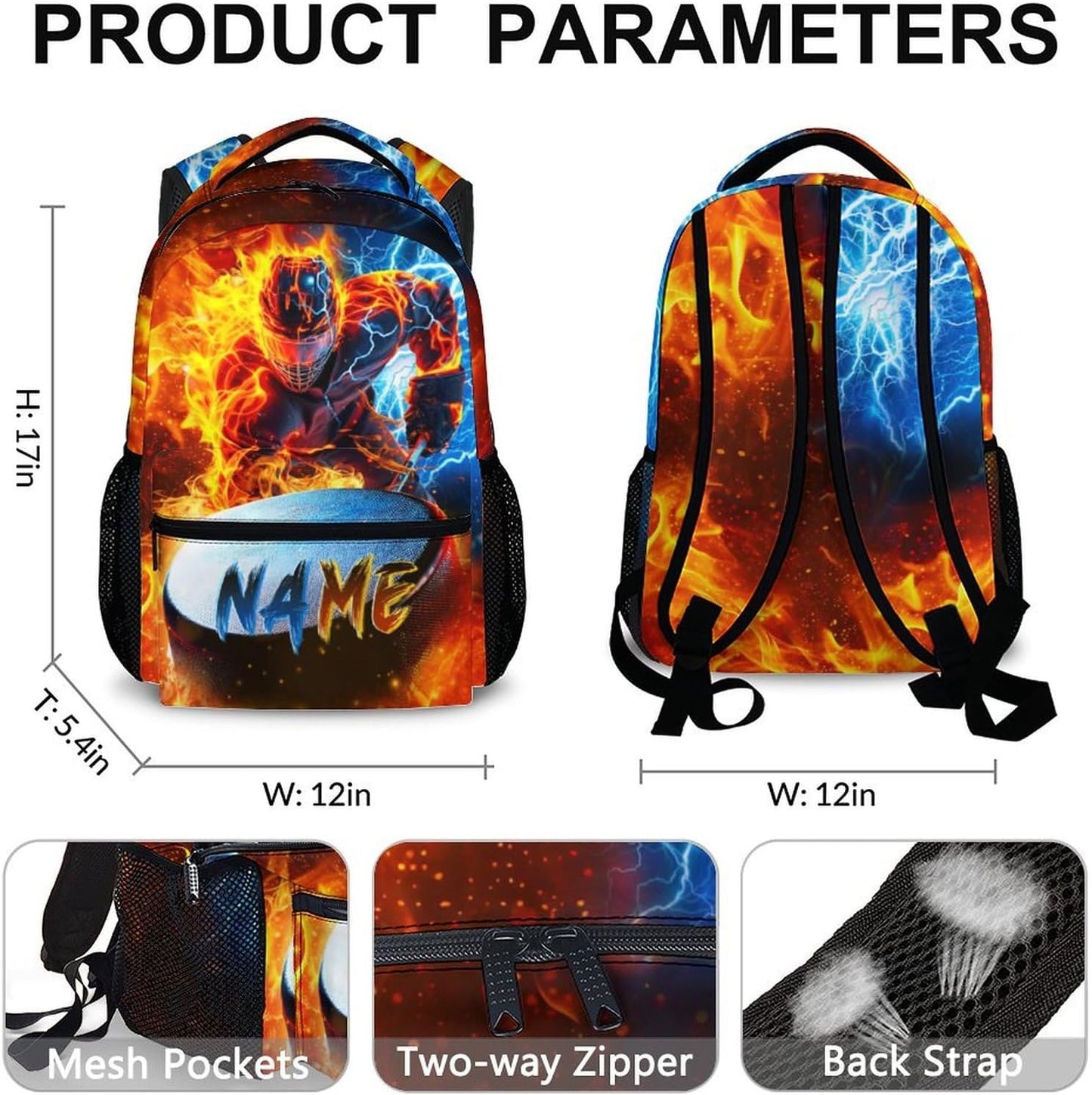 Boys Backpack for School - Ice Hockey Backpacks with Custom Name for Kids Teens Elementary Middle Primary High Senior - 17 Inch Lightweight Large Capacity Sport Themed Bookbag Gift