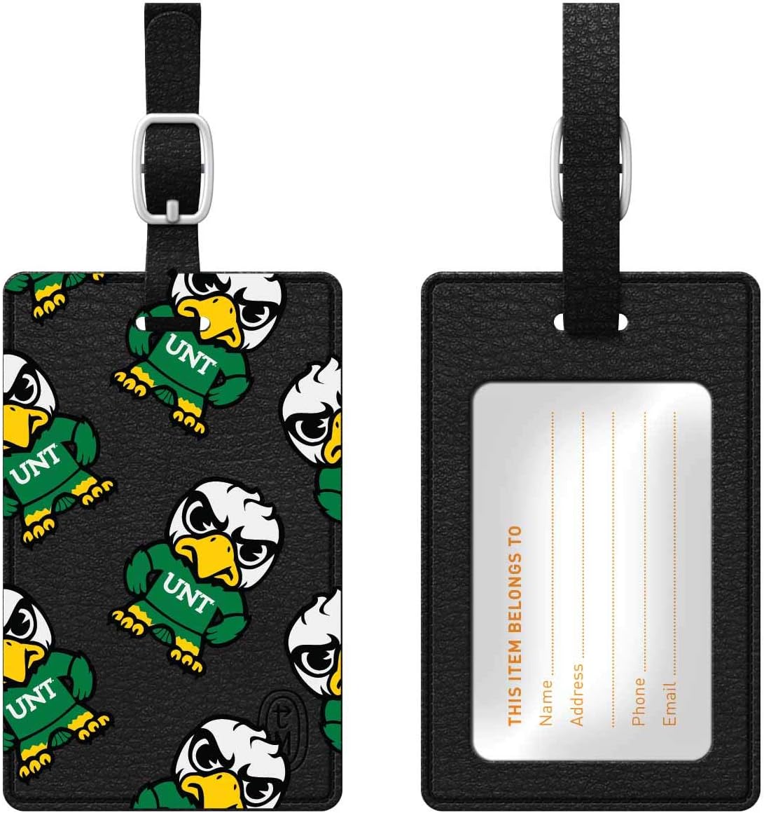 OTM Essentials University of North Texas Faux Leather Luggage Tag, Durable Travel Accessories with Adjustable Strap and ID Card, Tokyodachi Mascot B