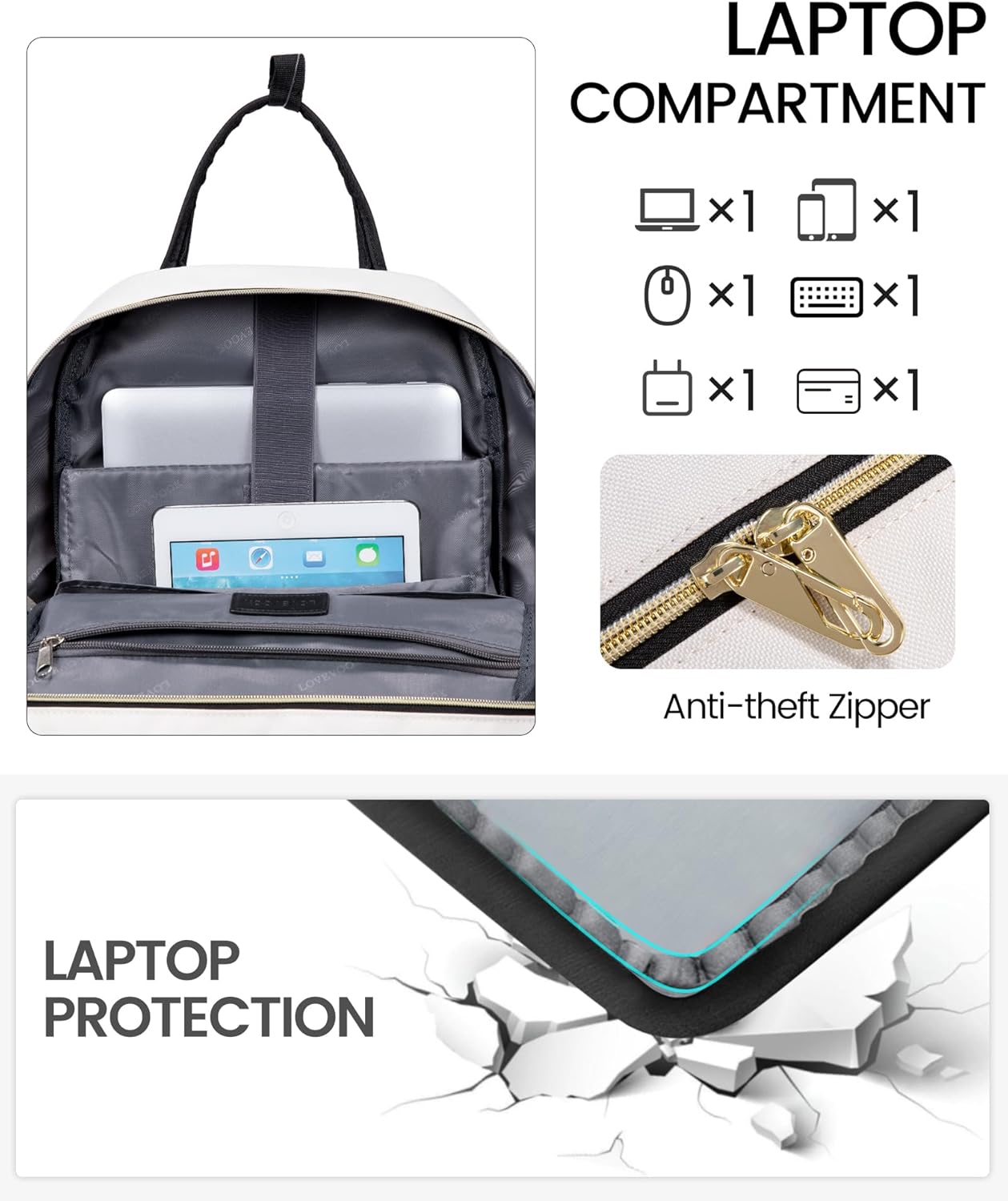 LOVEVOOK Backpack for Women,Laptop Backpack Women,Fits 17 Inch Laptop Bag,School Backpacks,Fashion Travel Work Anti-theft Bag,Waterproof Business Computer College Backpack Purse,Black-Off-white