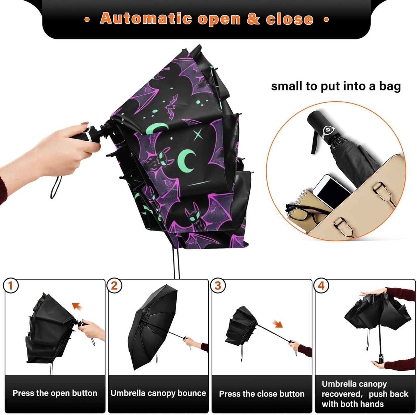 Automatic Folding Umbrella Windproof Strong, UV Protection Compact Black Gothic Moon Spider Webs and Bats Sun Rain Sun Rain Travel Umbrellas for Women Men