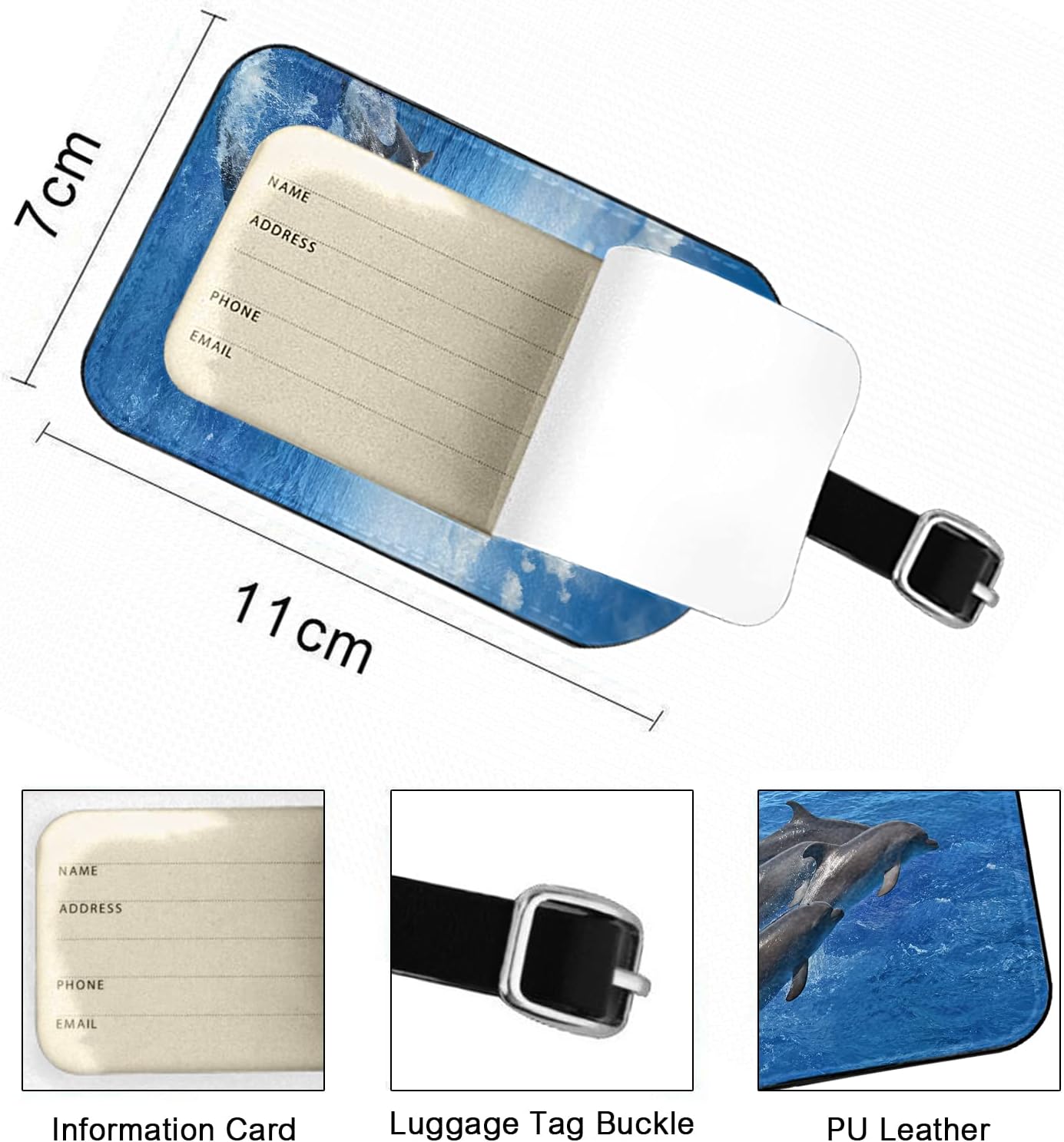 Dolphins Travel Baggage Labels Blue Ocean Blue Sky White Clouds Marine Wildlife Ocean Luggage Tags for Suitcase Handbags Backpacks Full Privacy Protection Cover, 1 Pack